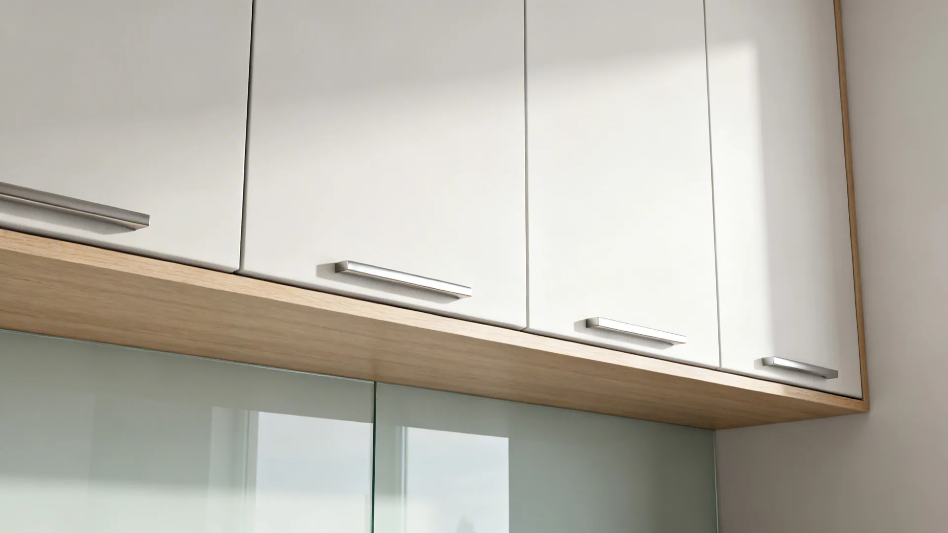 Minimalist upper cabinets with slim brushed nickel edge pulls under the bottom edge.