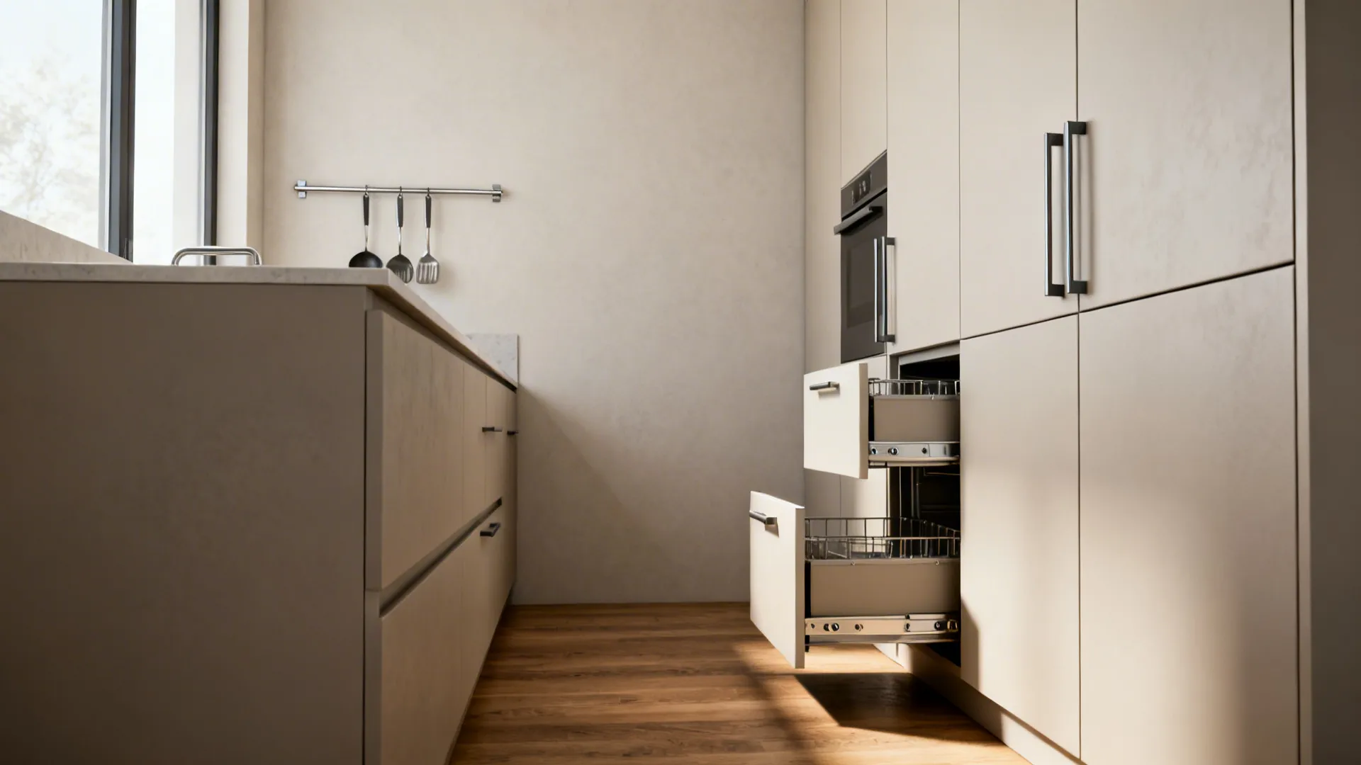 Minimalist small kitchen with a no-upper wall and a full-height pantry featuring pull-out trays.