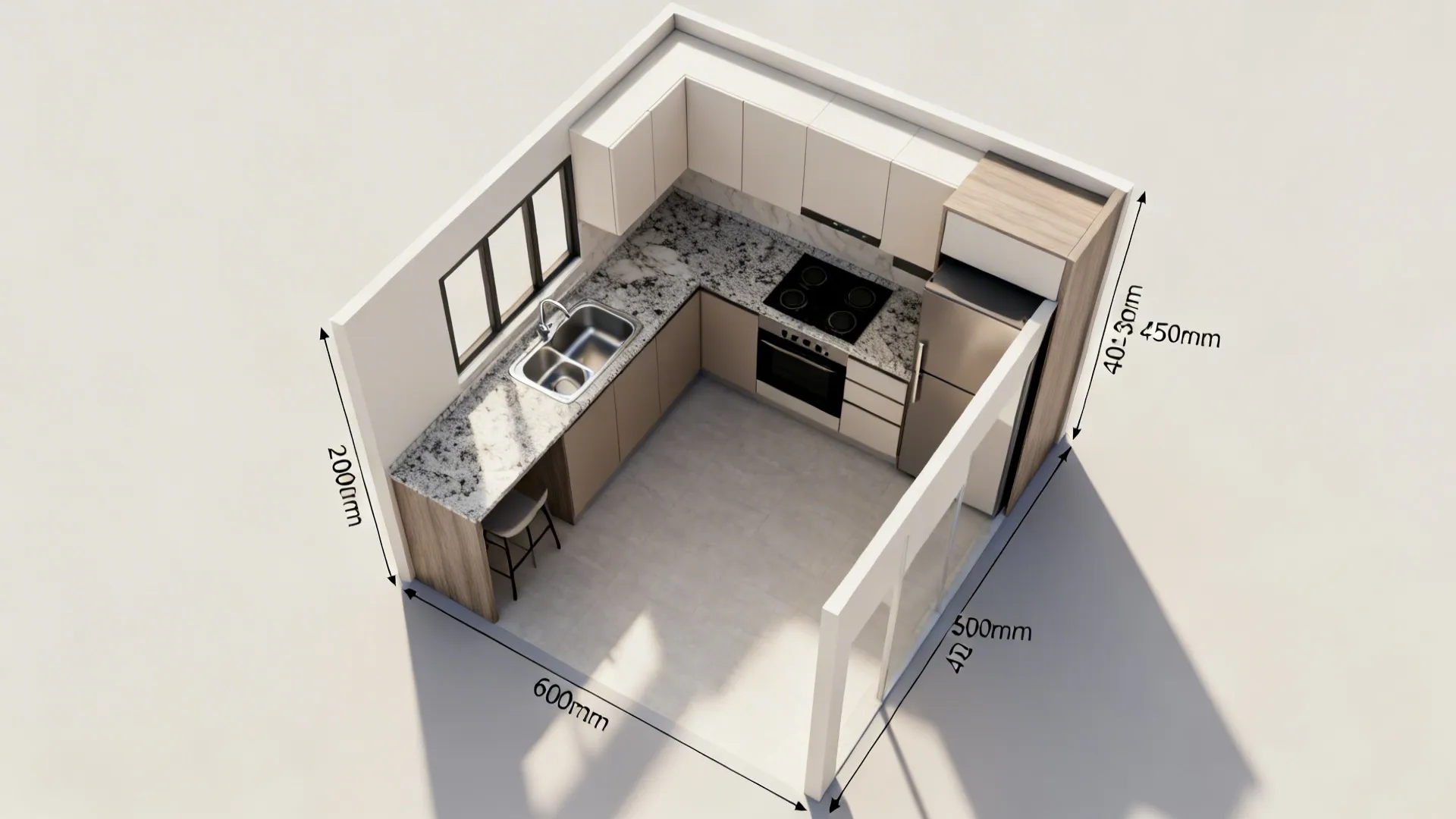 Top-down layout showing 600mm bases, 300–350mm uppers, and 450mm pantry with 900mm aisle.