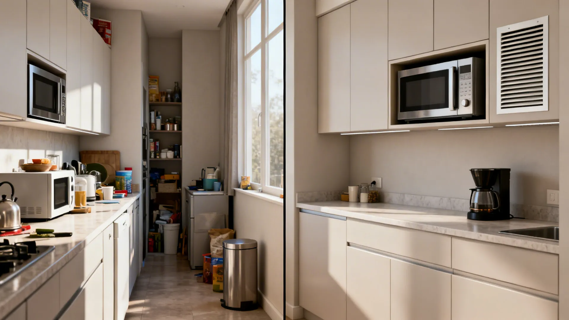 Before-and-after of a galley kitchen moving a microwave from the counter into a vented upper cabinet.