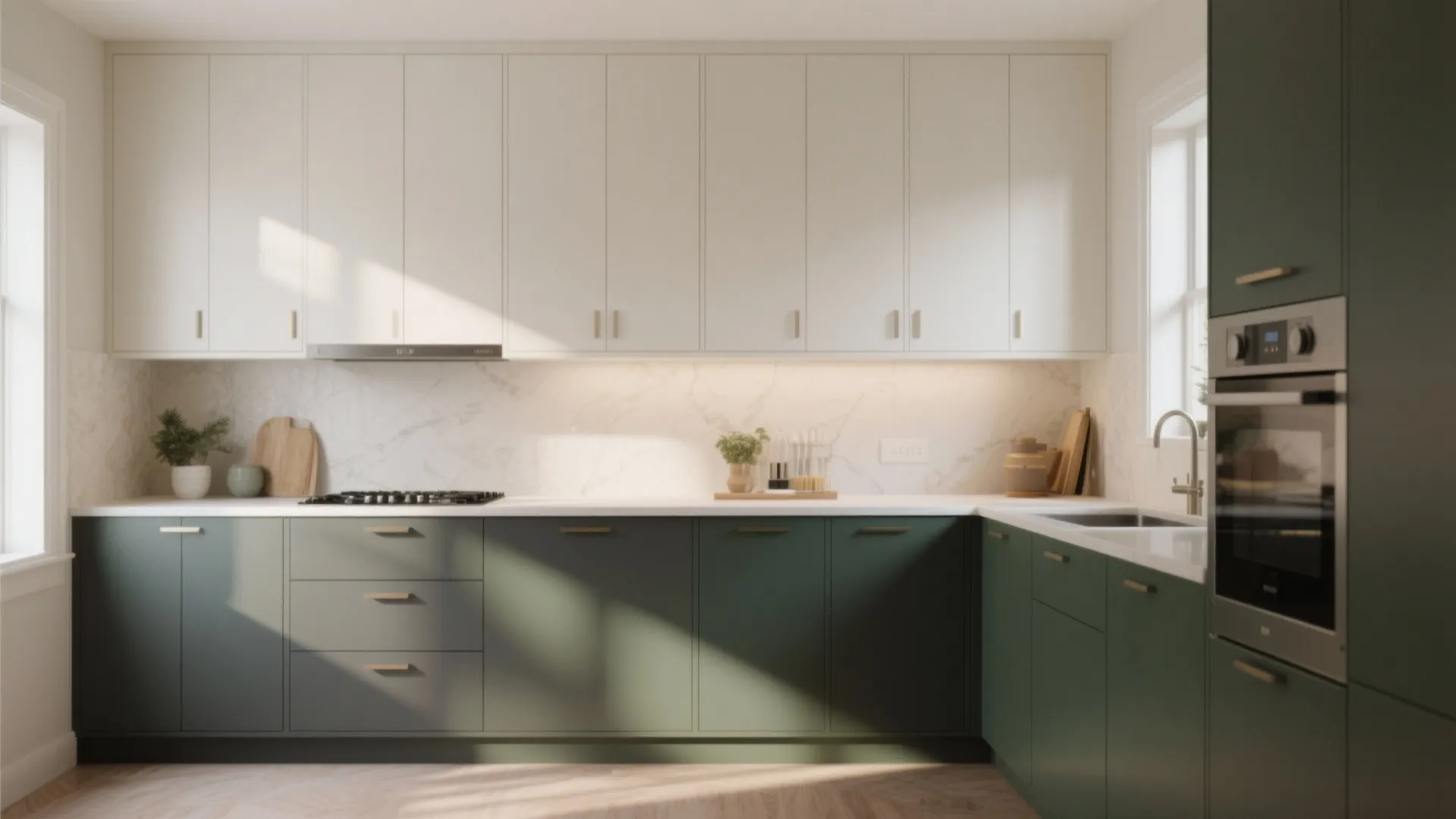 Kitchen with warm white upper cabinets and deeper-toned base cabinets for visual depth