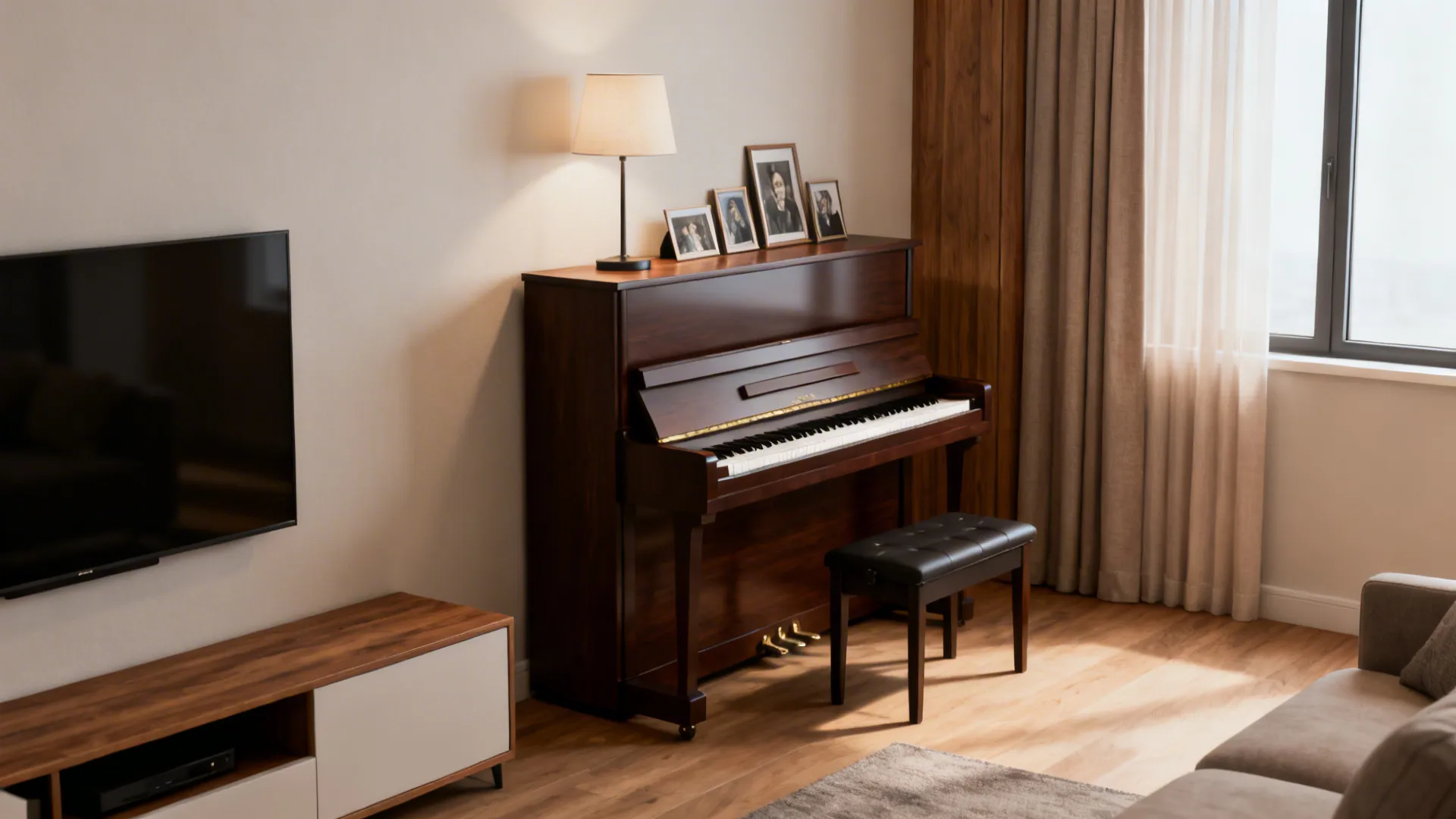 Upright piano flush to a long wall serving as a console in a compact living room.
