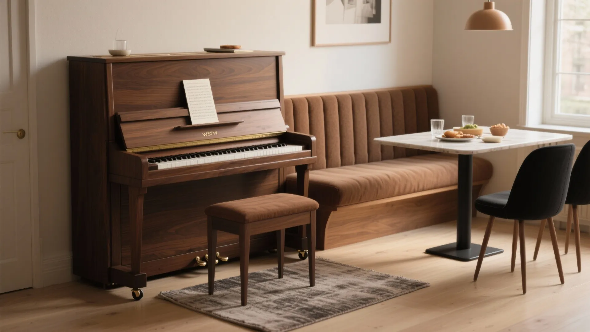 Slim upright piano against the wall with a padded bench as dining seating and a rug with caster cups.
