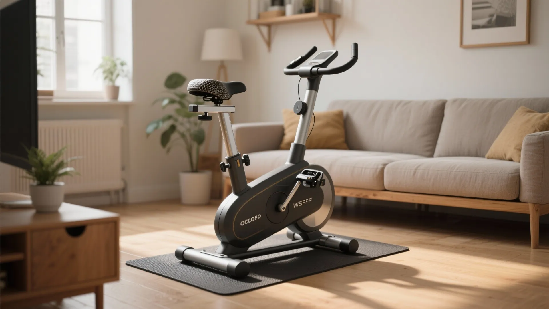 Modern black stationary exercise bike on a mat inside a bright living room with sofa