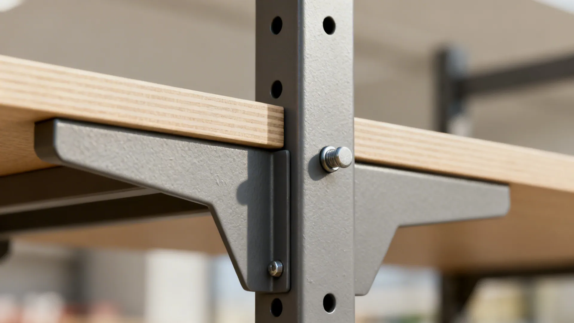 Close-up of steel upright with shelf pin and capped peg holes on a retail rack.