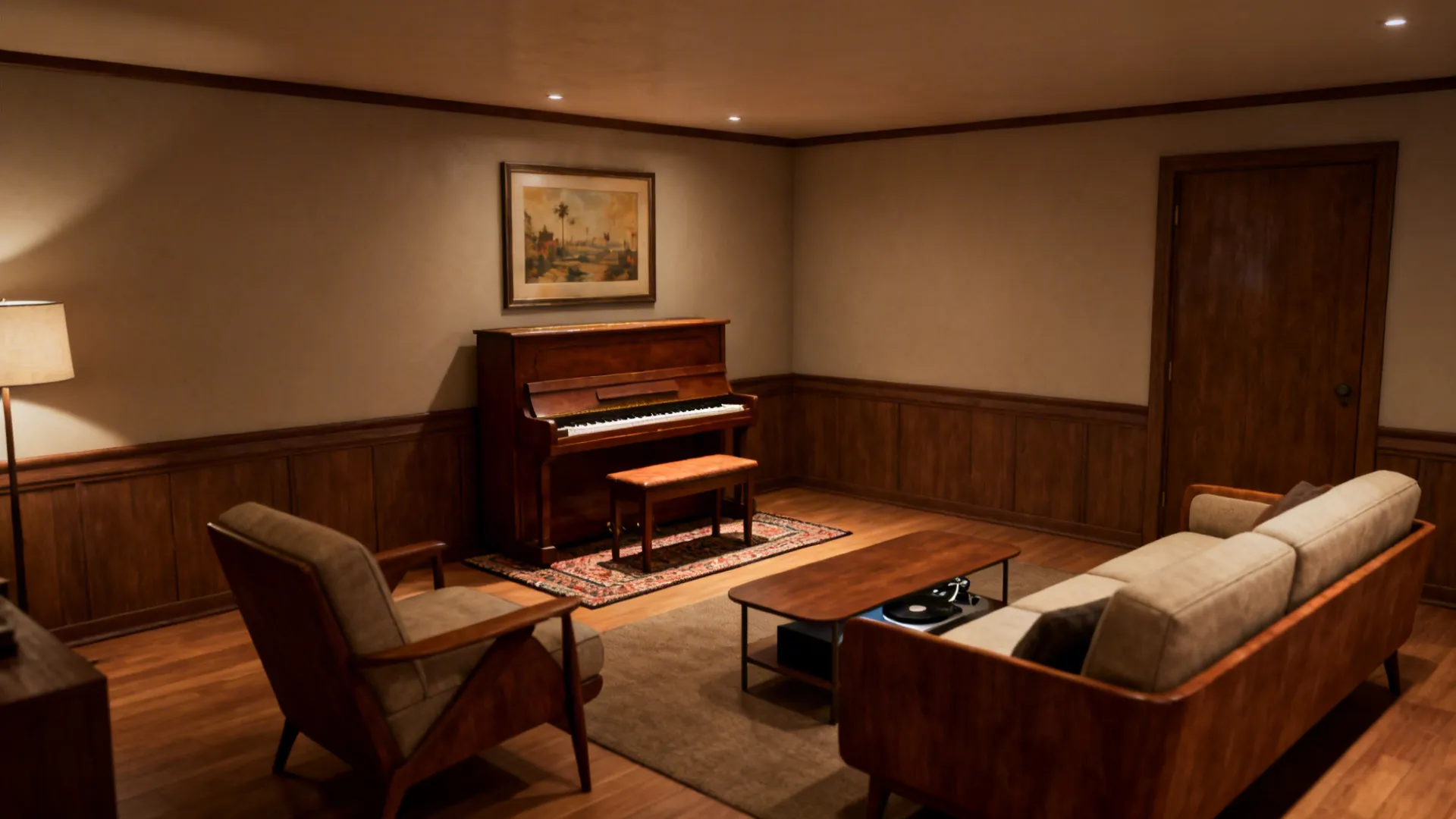 Upright piano against a short wall facing seating with rug and wall art to control reflections.