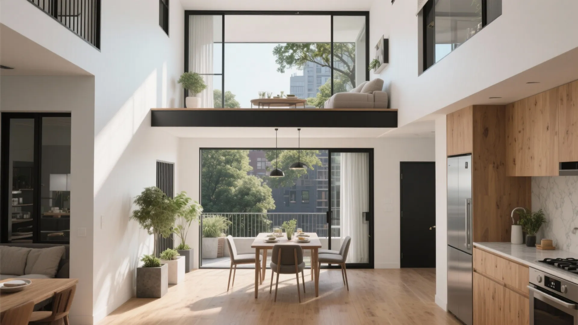 Modern open plan living room with a dining table wood floor and a small indoor balcony