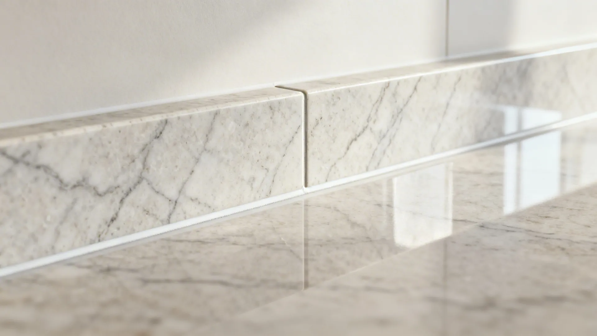 Close up view of marble kitchen countertop and matching wall panel joint with bright natural light
