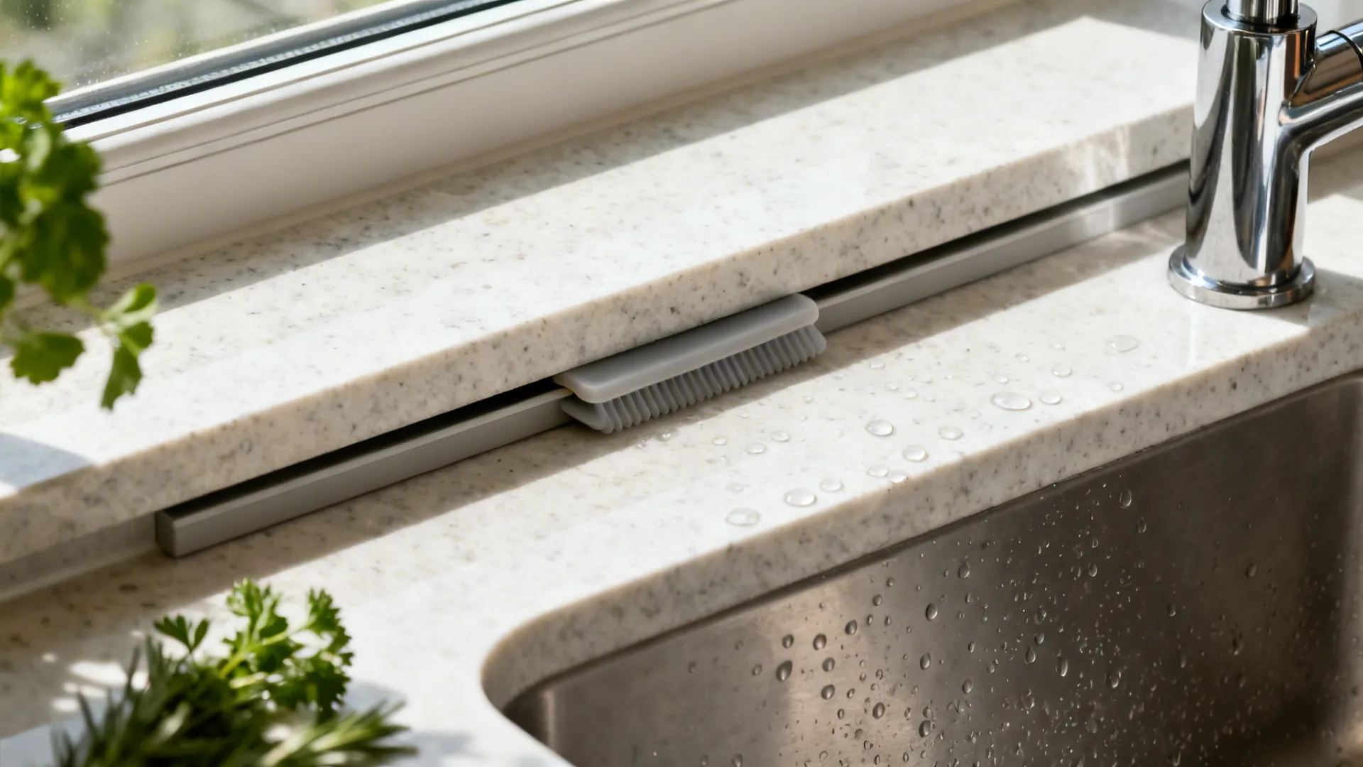 Sink strategy: side placement, ledge storage, and water discipline