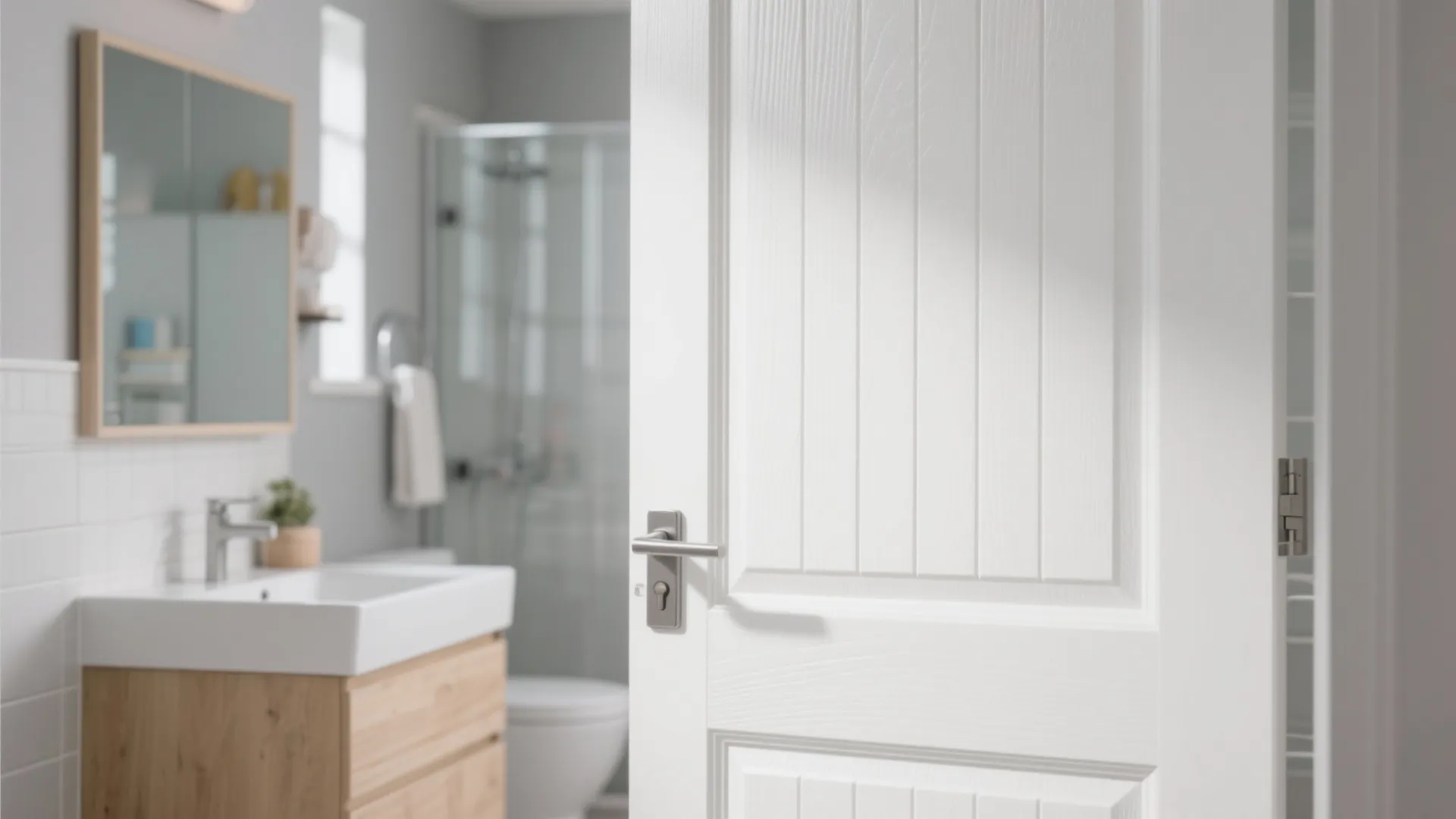 White bathroom door with silver handle opening to reveal a modern sink and wooden vanity