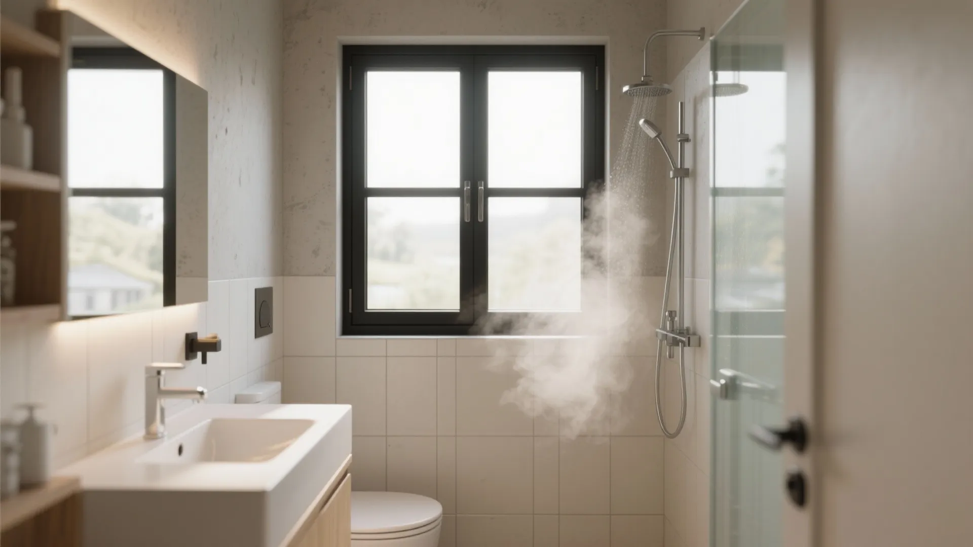 Bright bathroom interior with white sink toilet black window frame and steam from the shower