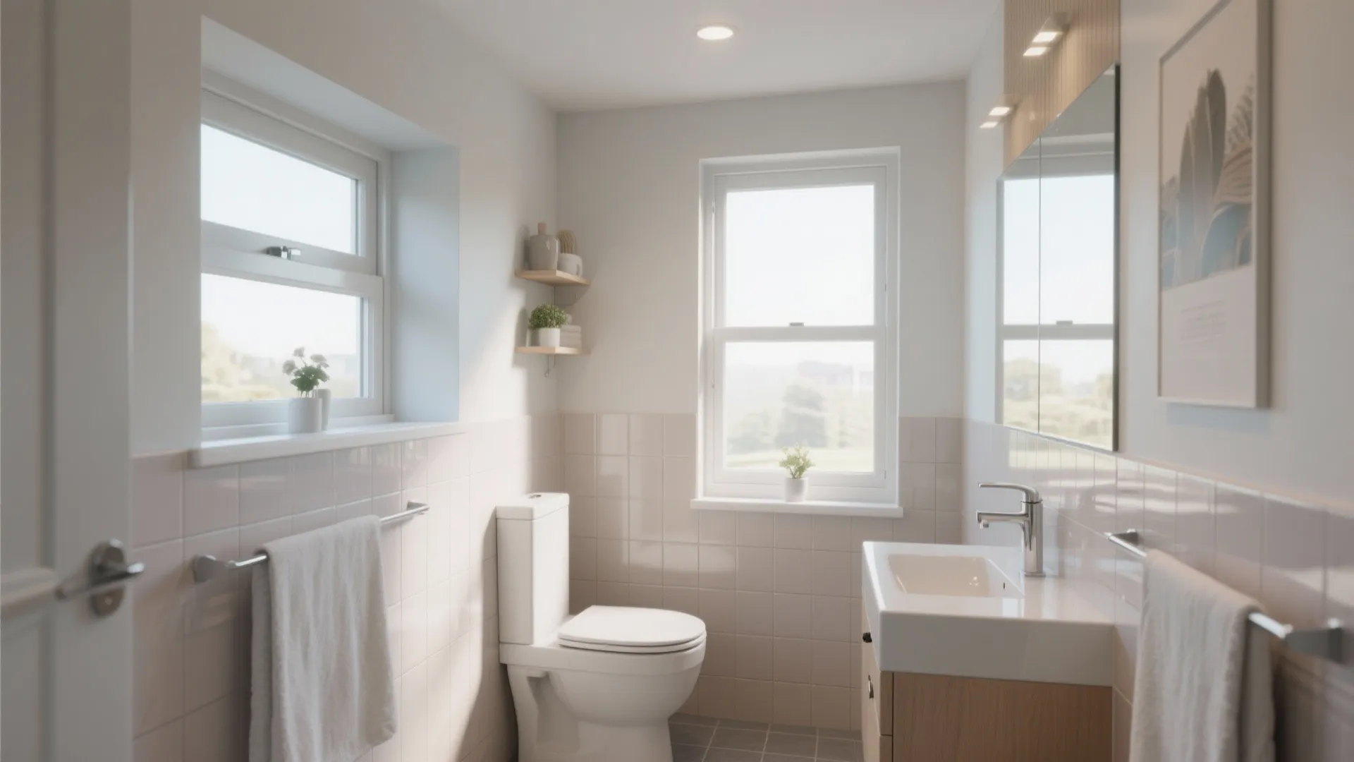 Modern bathroom featuring white toilet wooden cabinet sink with mirror and two small white framed windows