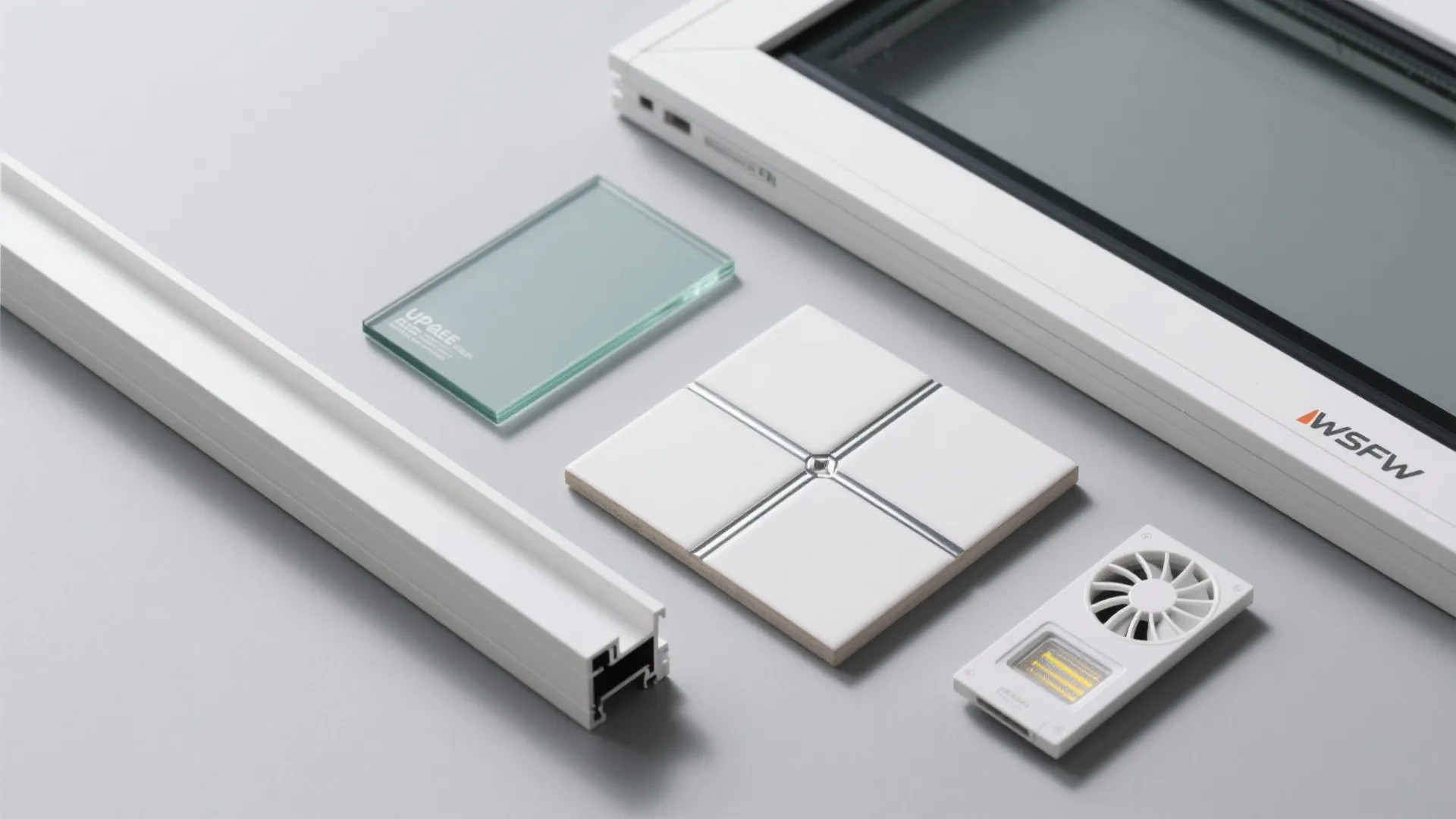 Flatlay of UPVC profile, low-E glass, white tile, chrome trim, and combo unit grille.