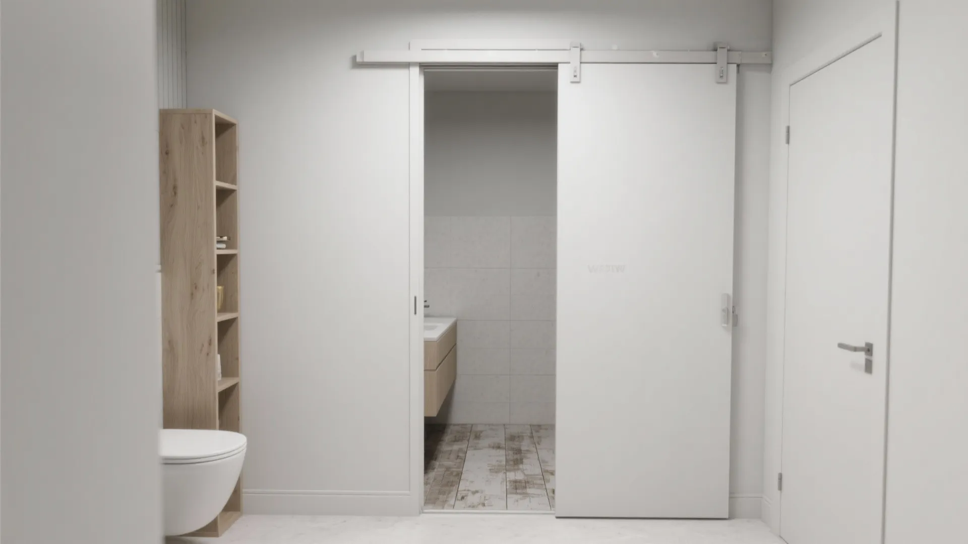 White sliding door opening into a bathroom with a white toilet and wooden storage shelf
