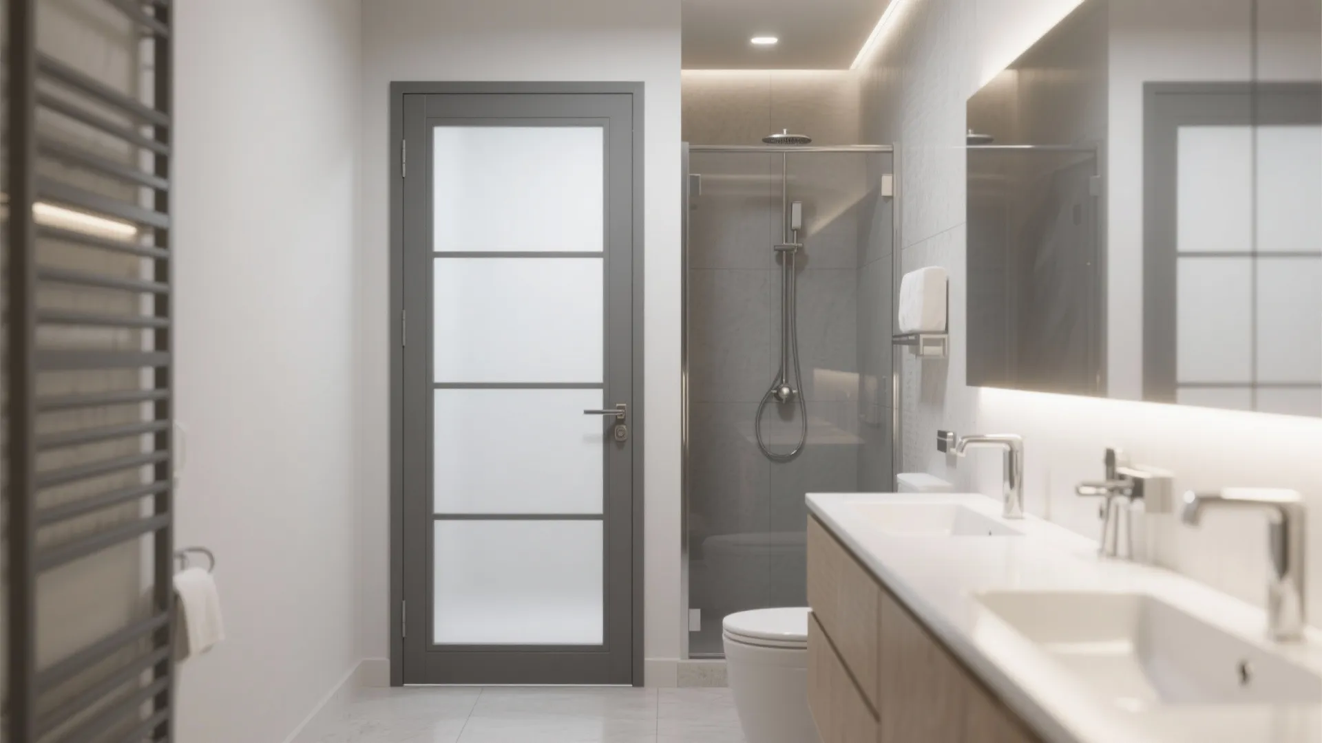 Grey framed glass door in a modern bathroom featuring double sinks toilet and shower area