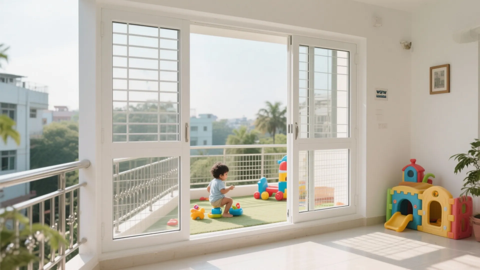 White sliding glass doors opening to a balcony with green artificial grass and colorful toys