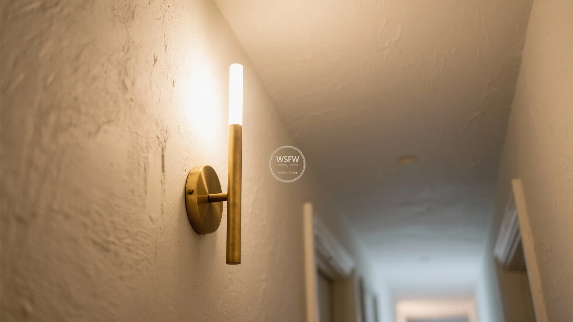 Narrow hallway with gold wall light on white textured wall and several closed white doors