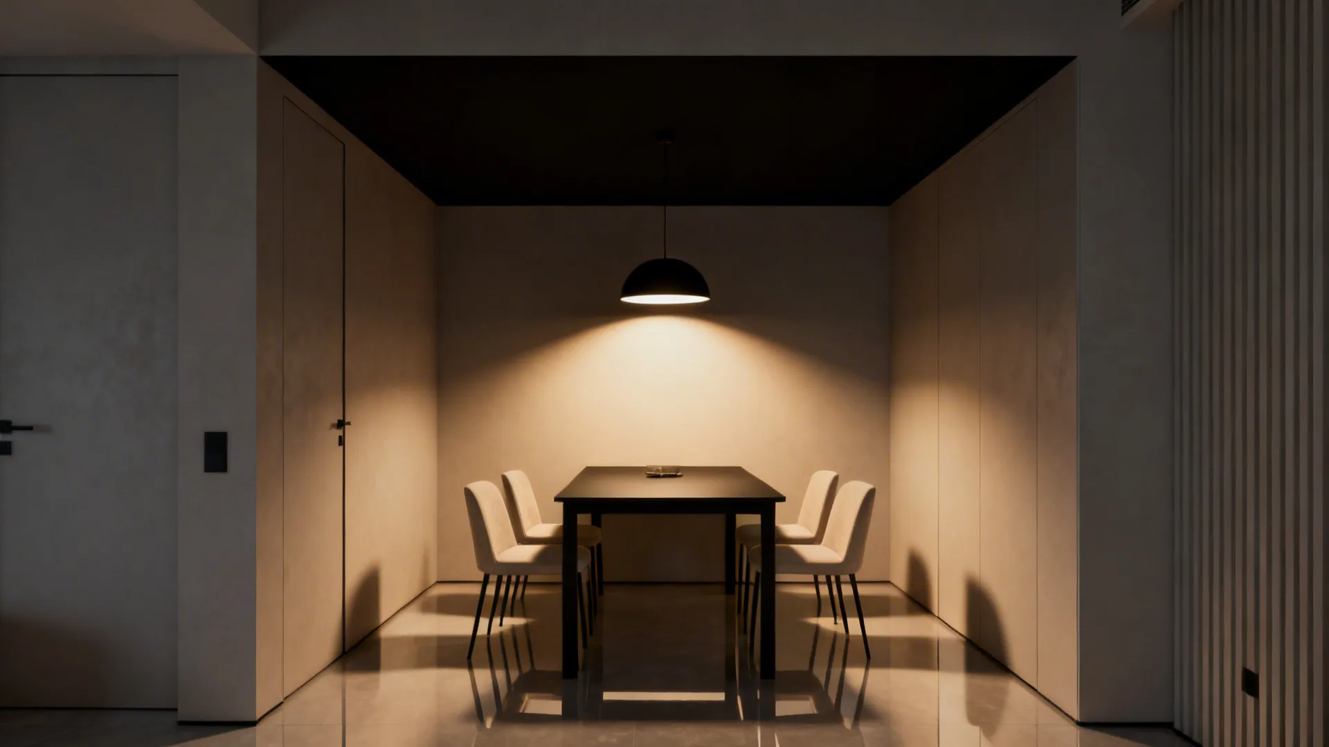 Small apartment dining nook anchored by a black ceiling and warm pendant lighting, balanced with light floors and furnishings.