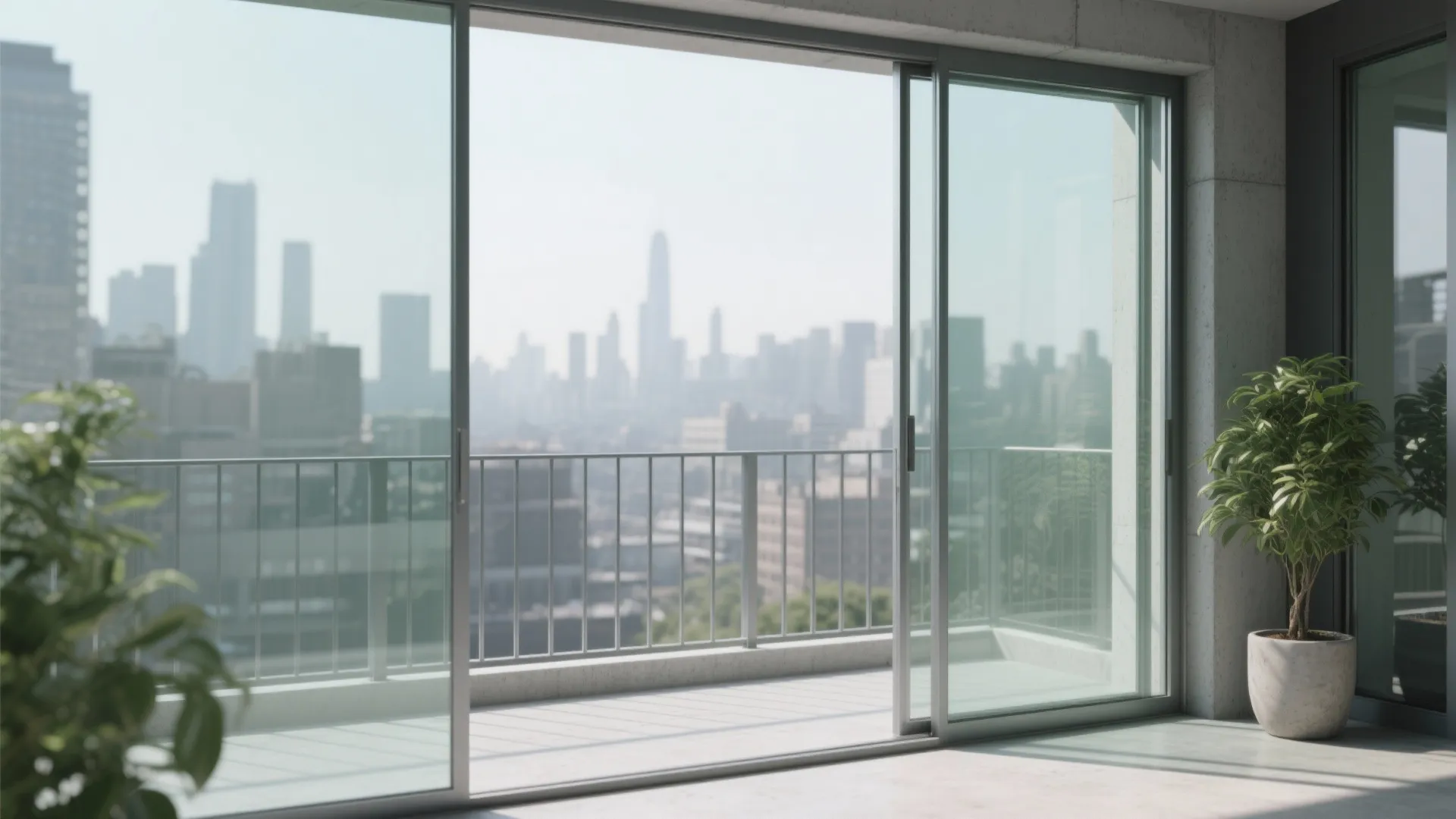 Open glass sliding doors leading to a balcony with city skyline views and green plants