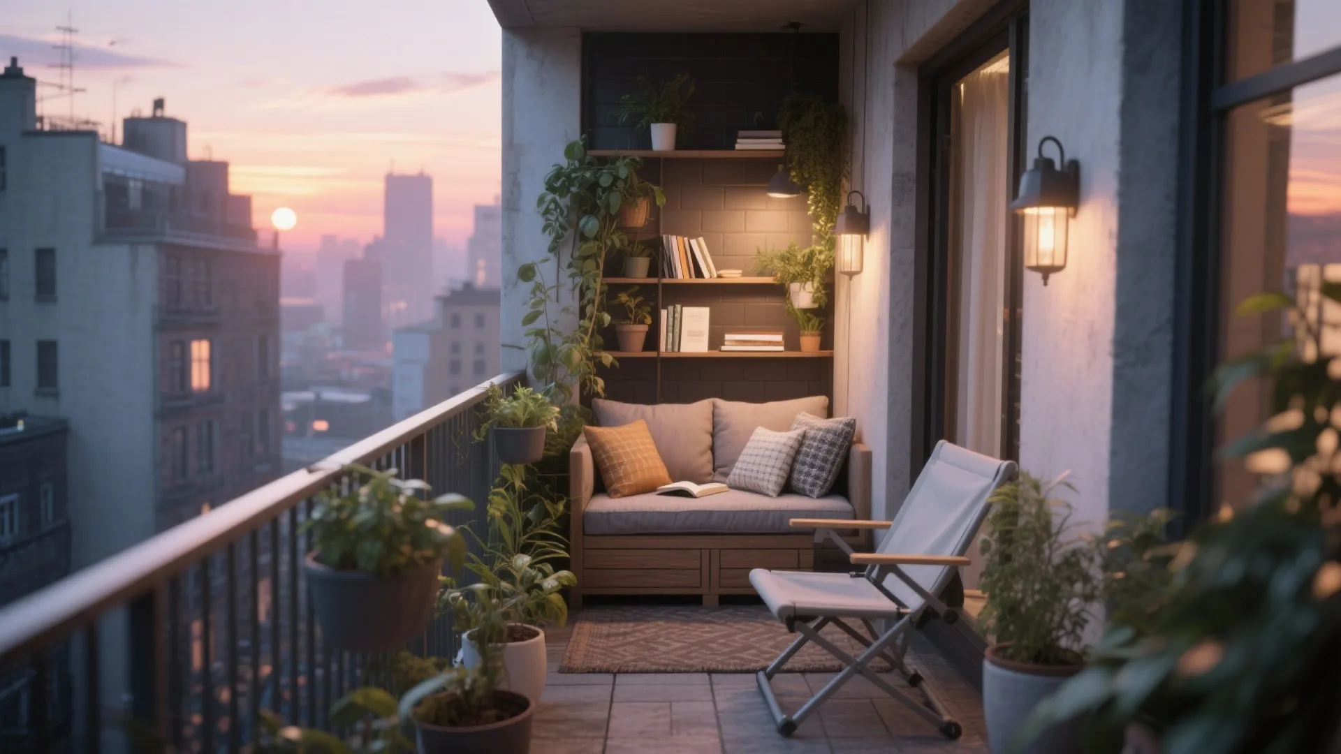 Small urban balcony transformed into a cozy plant-filled nook