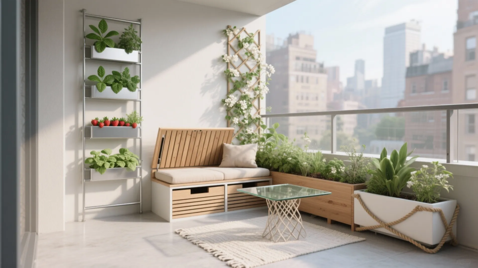 Modern balcony featuring wooden storage bench glass table vertical garden rack and distant city buildings
