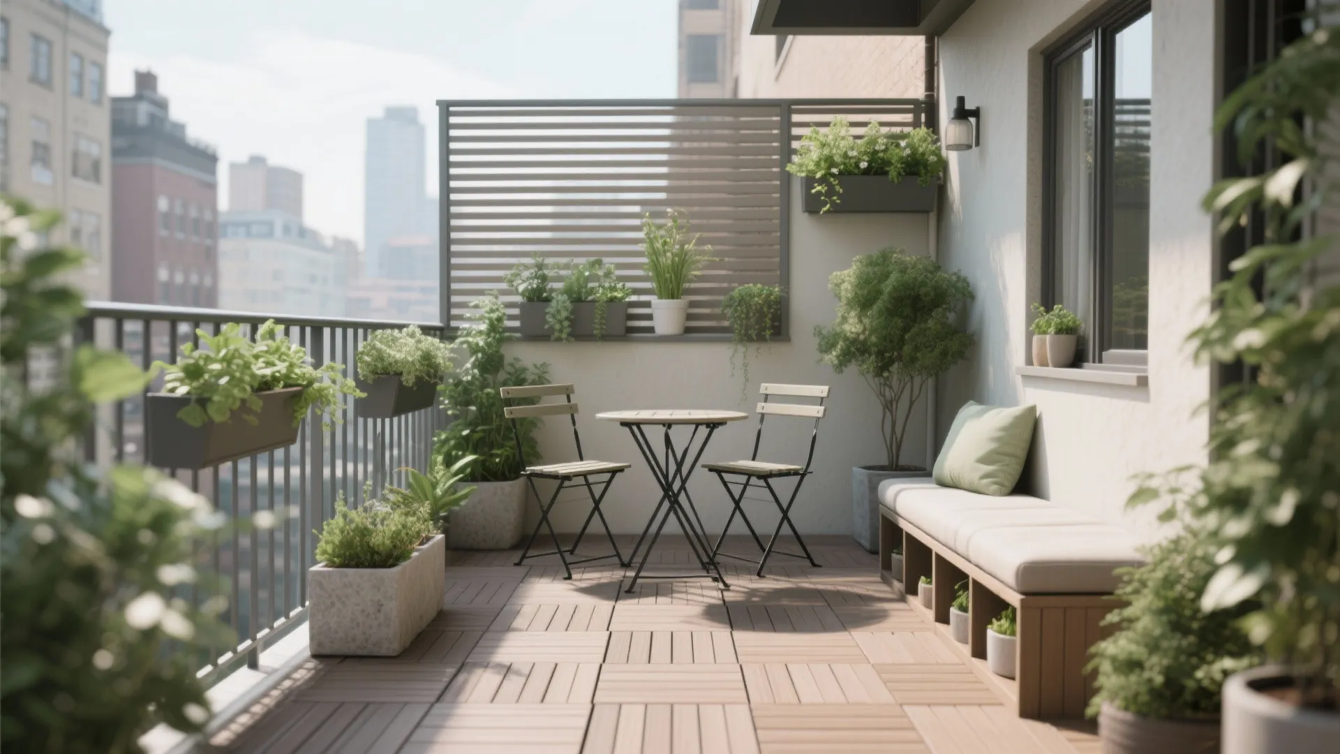 Urban balcony with wood floor tiles small table chairs bench many plants and city view