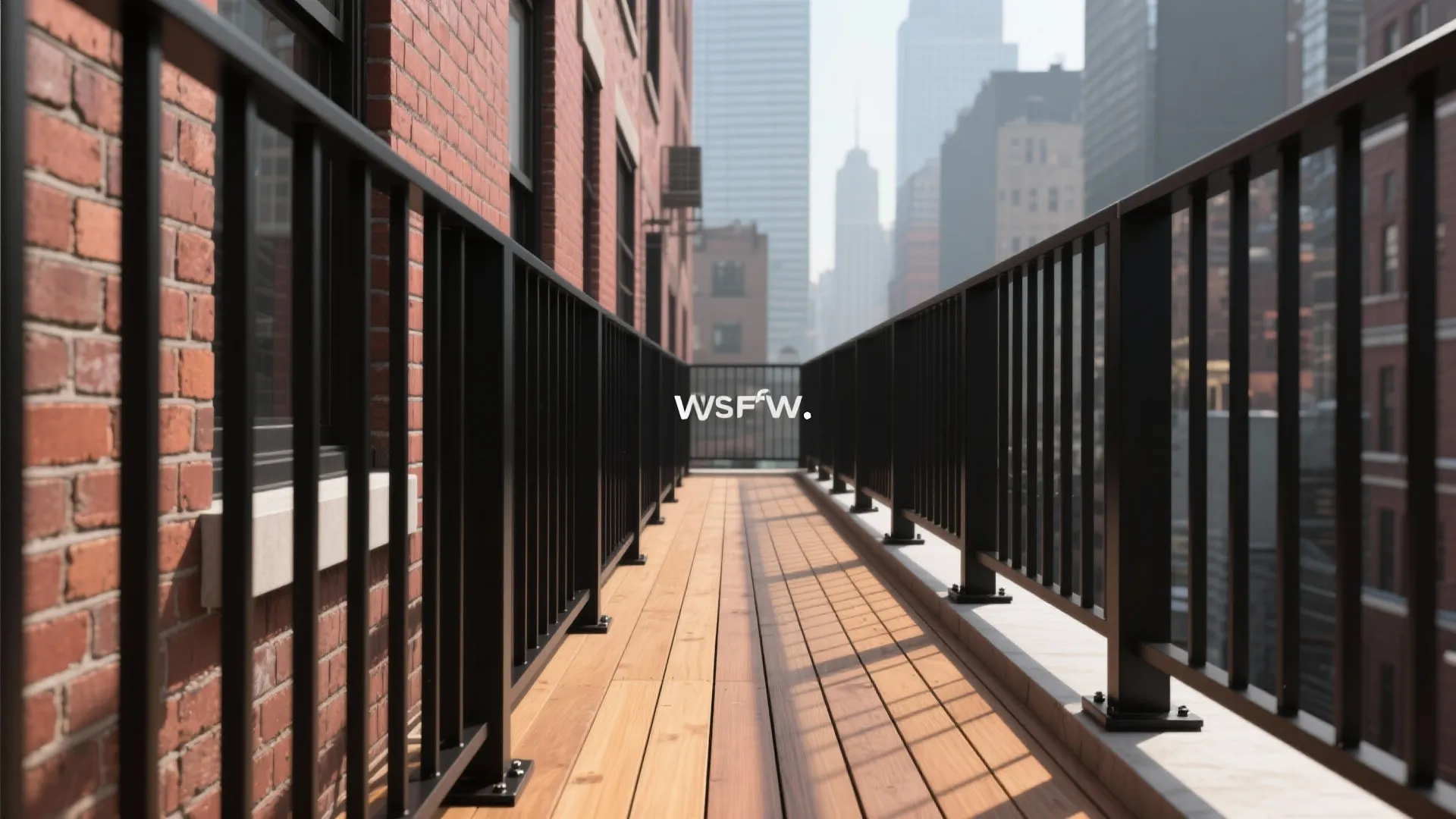 Narrow balcony with matte black vertical balusters and warm wood decking against a brick wall.