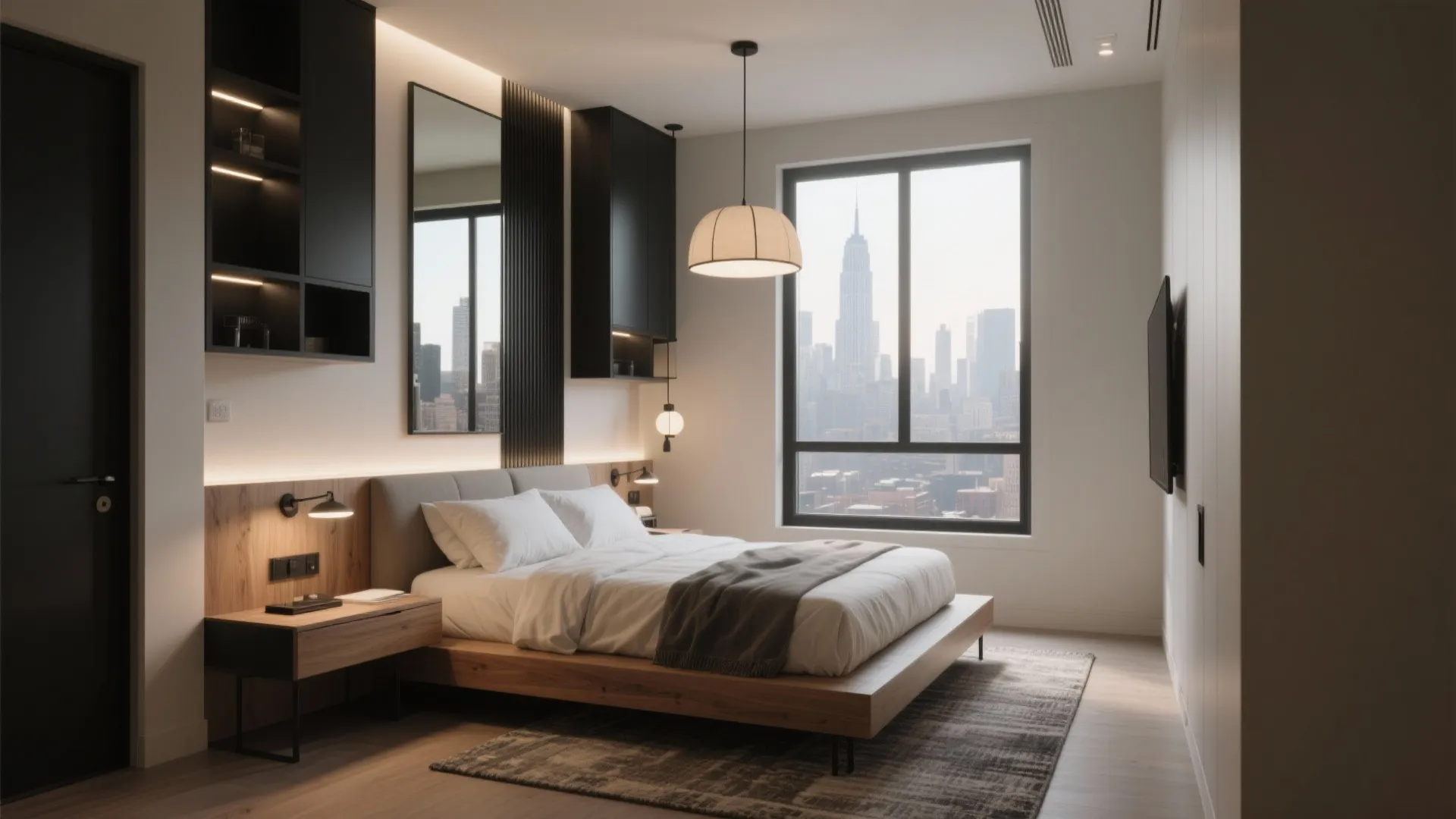 Modern bedroom with wooden bed, white bedding, black cabinets, hanging ceiling light, and city view