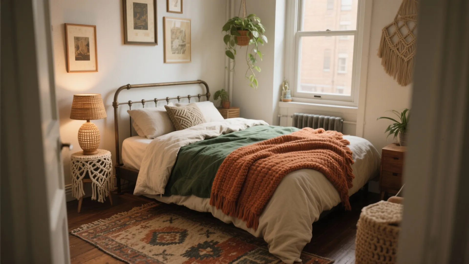 Cozy bedroom with metal bed frame green and orange blankets hanging plants and patterned rug