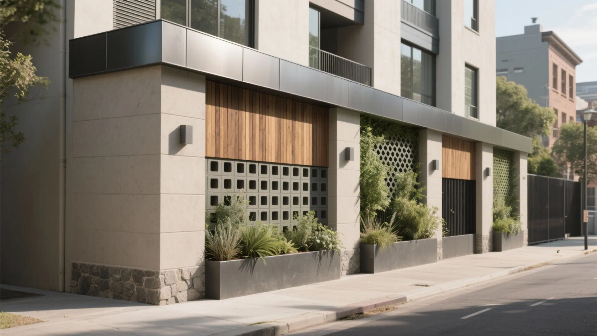 Modern building exterior with concrete walls wood panels black metal canopy and plants in planters