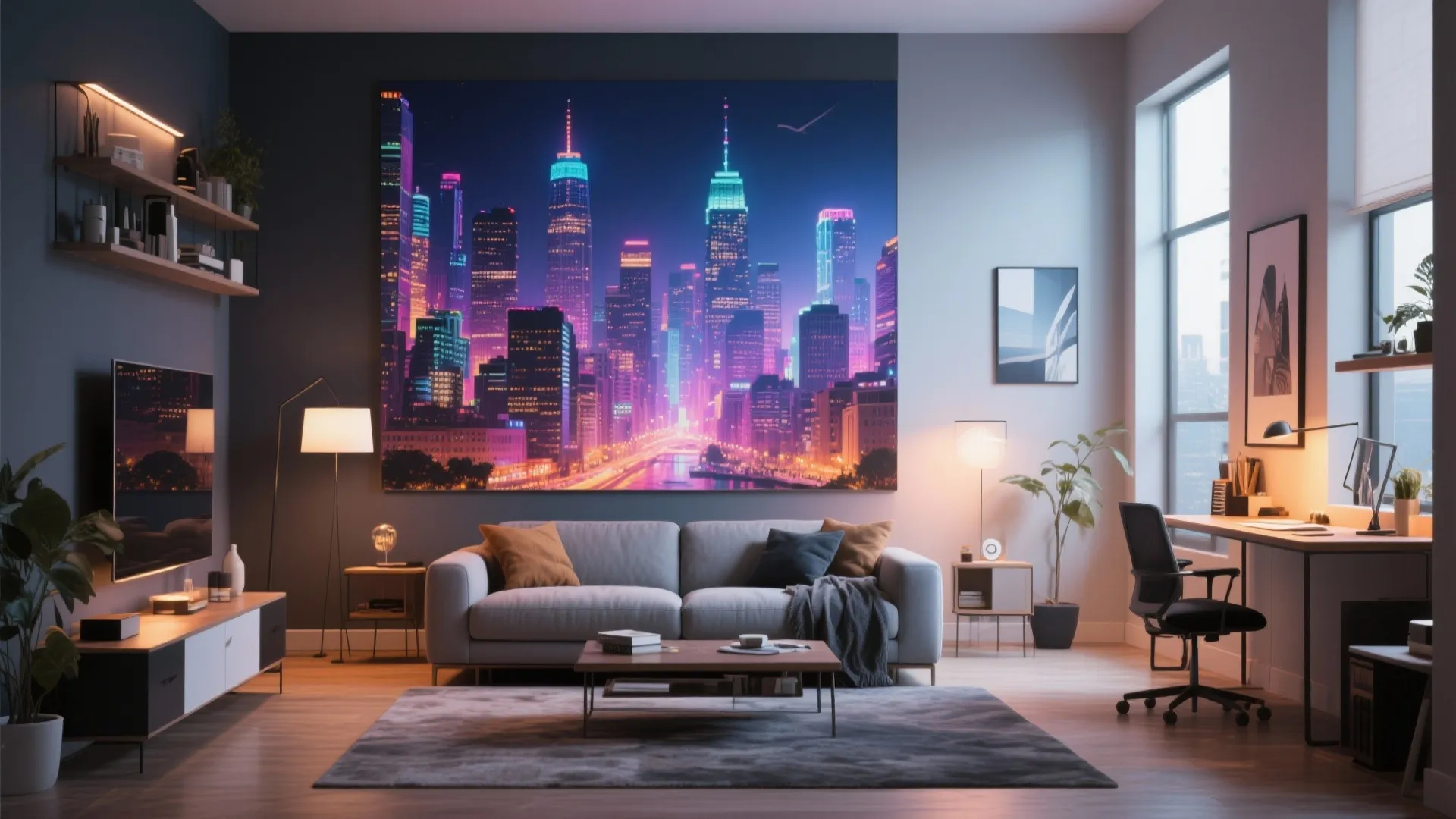 Modern living room with neon city skyline mural plus grey sofa and home office desk