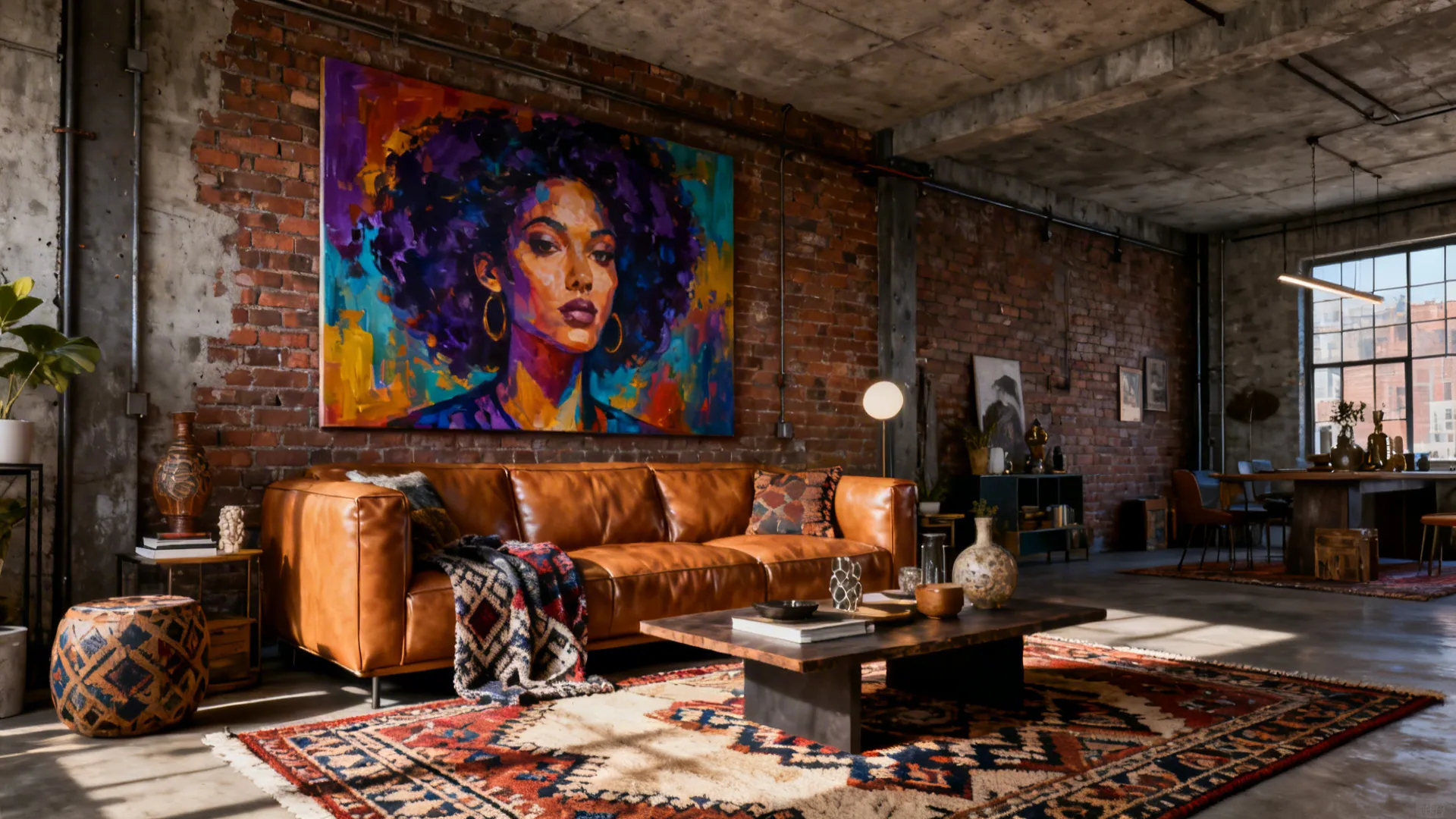 Urban eclectic loft with a tan leather sofa, bold artwork and a patterned rug.