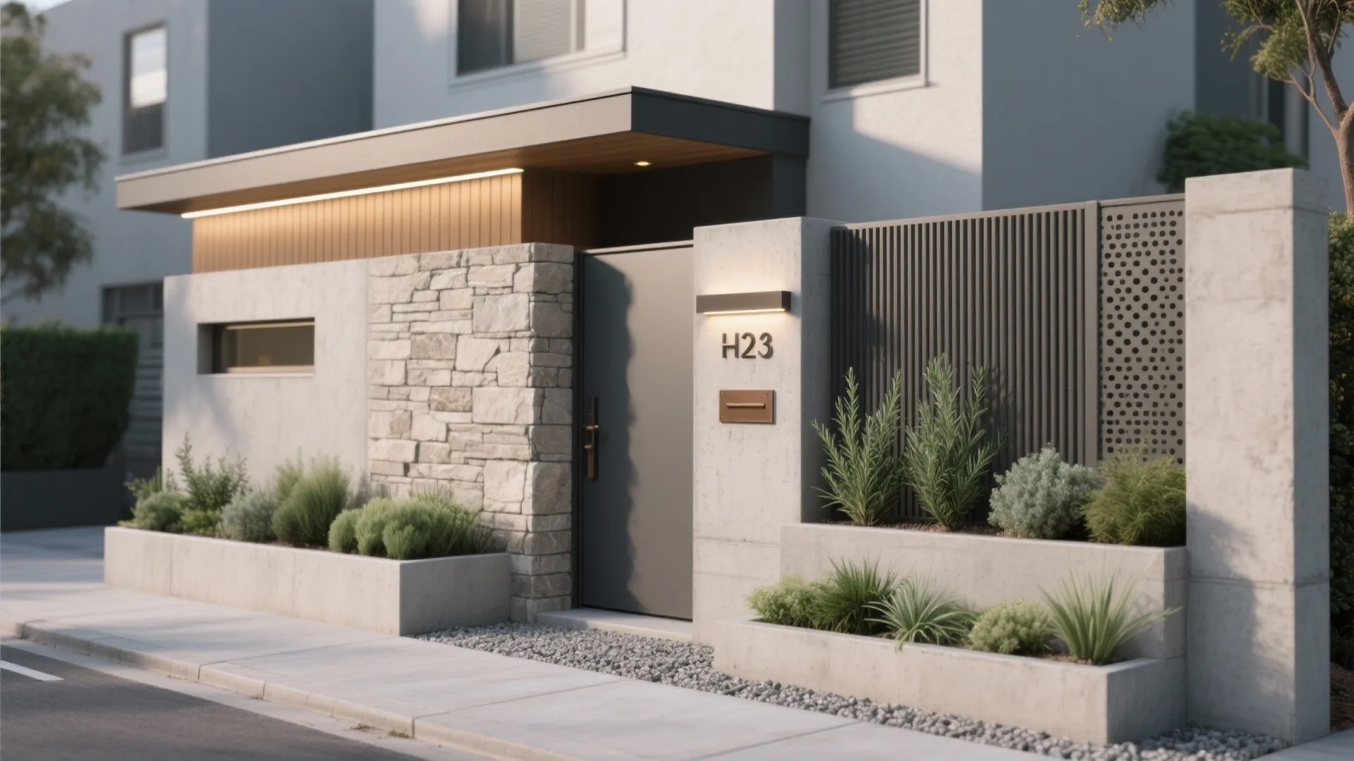Modern house entrance featuring grey stone wall panel, black metal gate, and green garden plants