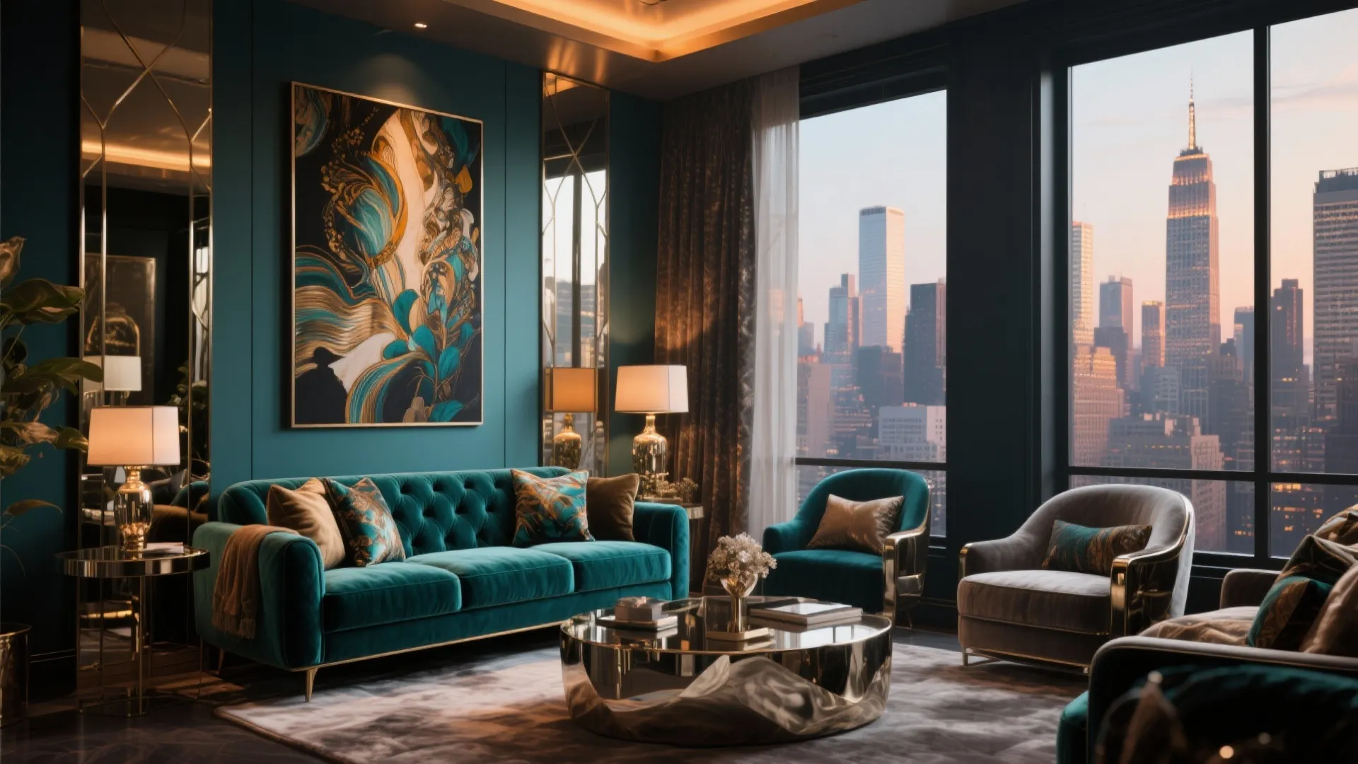 Luxury living room with teal sofa gold coffee table blue walls and city skyline view