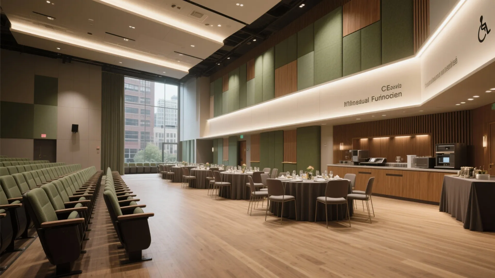 Modern conference hall featuring green theater seats round dining tables wood flooring and large glass windows