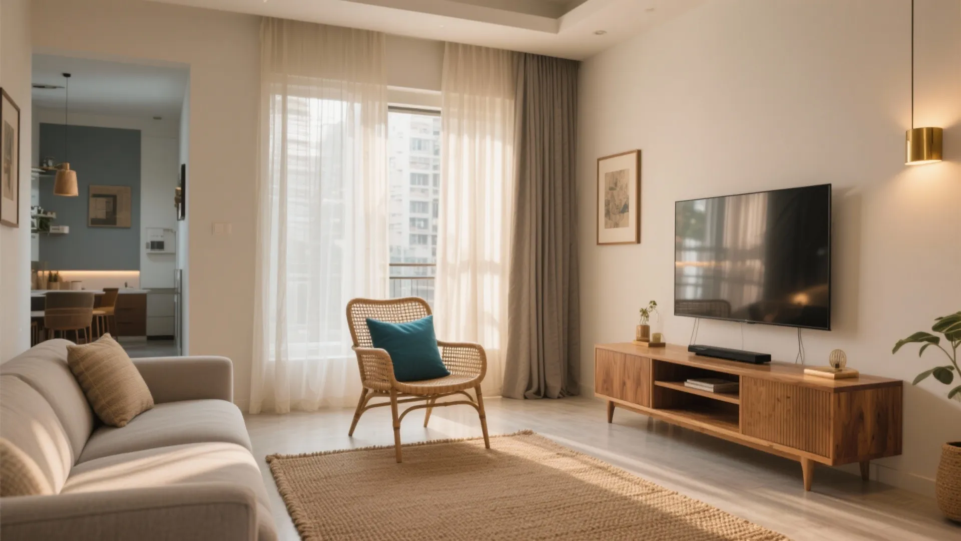 Modern living room with grey sofa wooden cabinet television wicker chair blue pillow and curtains