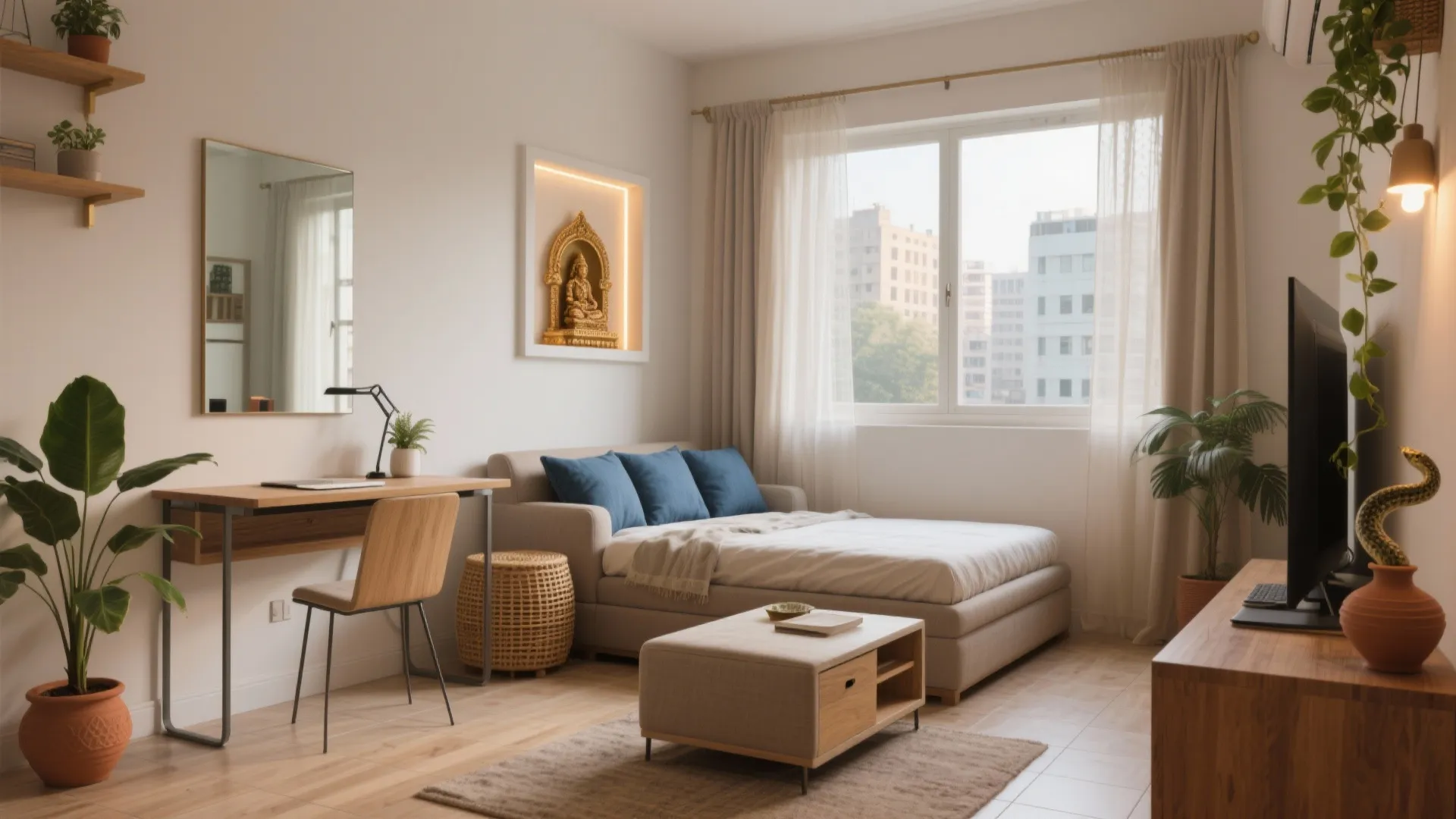 Modern room with beige sofa bed blue pillows wooden desk mirror green plants and window