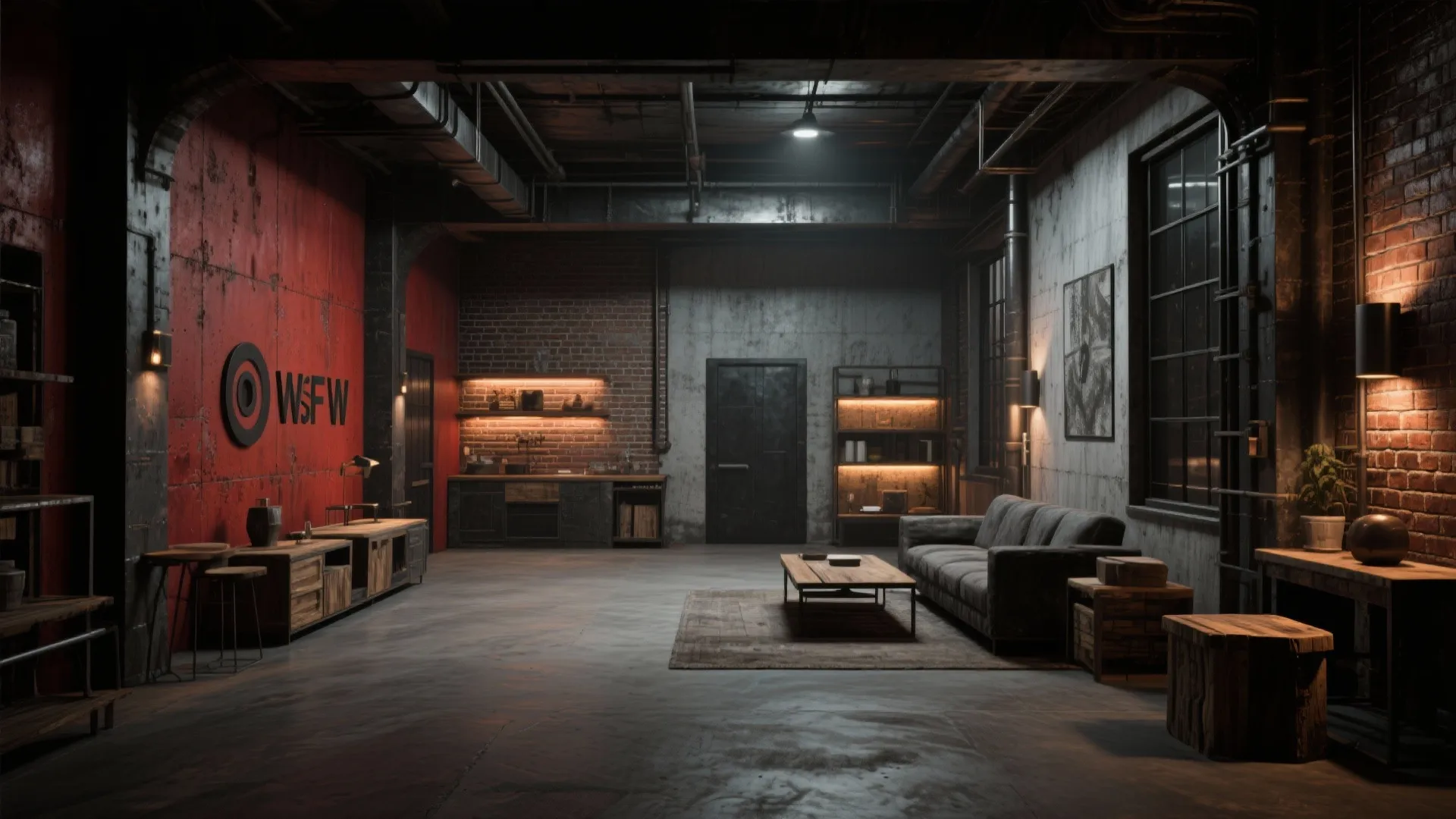 Industrial style interior with red brick wall dark grey sofa wooden furniture and warm soft lighting