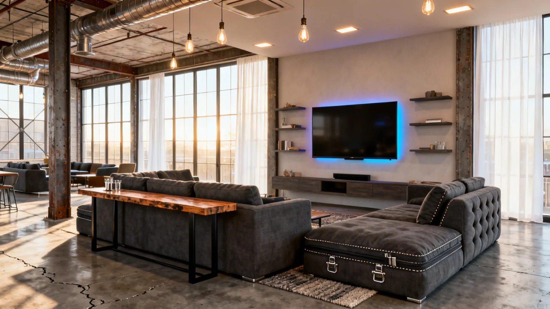 Loft living room with an L-shaped sectional sleeper sofa and a media wall.