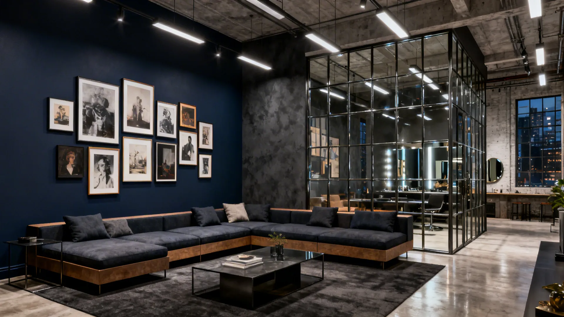 Urban loft living room with a deep navy statement wall, modular seating, and metal-framed glass partition.