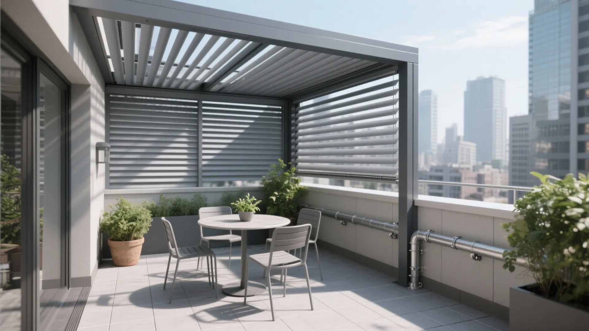 Modern rooftop terrace with grey metal sun shade round table four chairs and city views