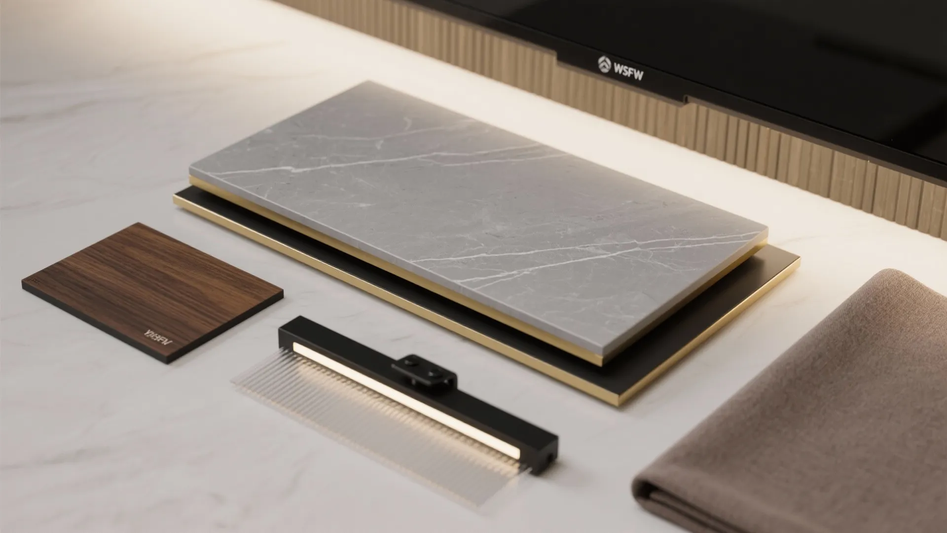 4) Stone-Like Slab Backdrop With Metal Trim