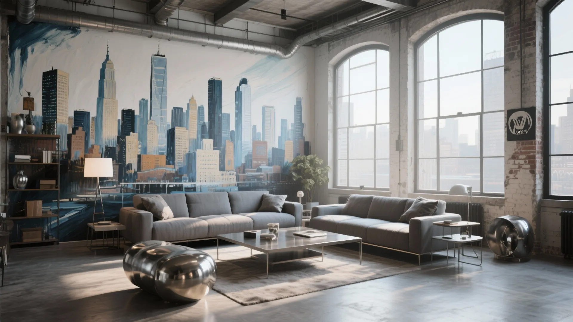 Modern loft living room with urban skyline mural