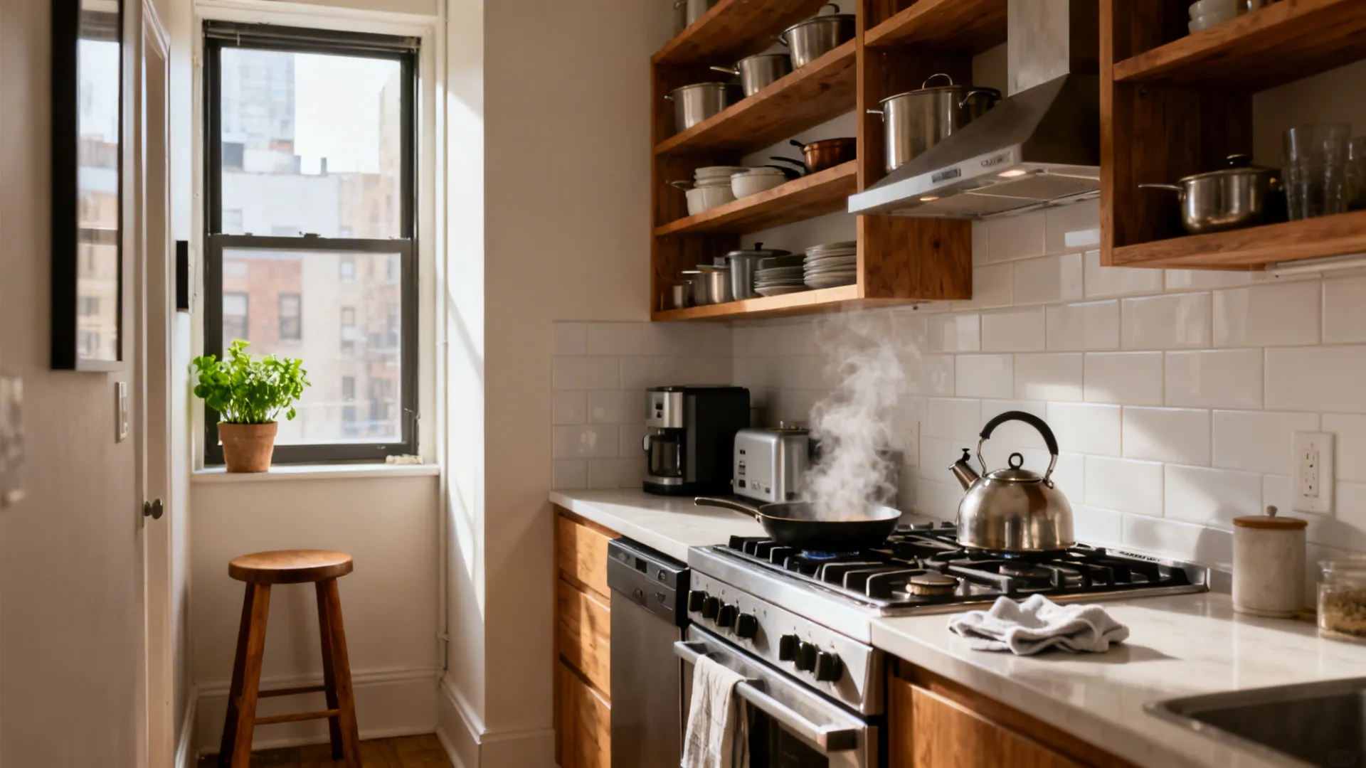 Urban compact kitchen with open shelves and warm neutral finishes evoking a lived-in story.