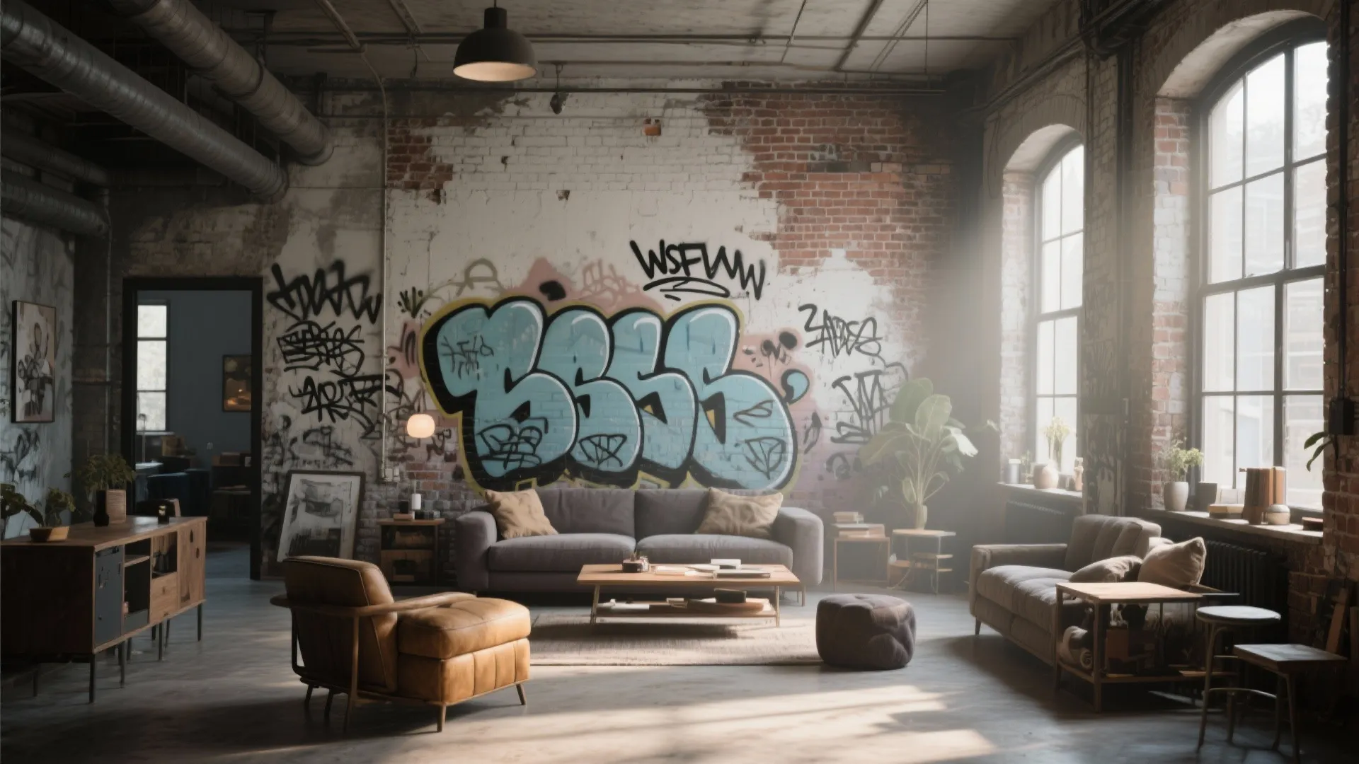 Industrial loft living room with muted graffiti mural