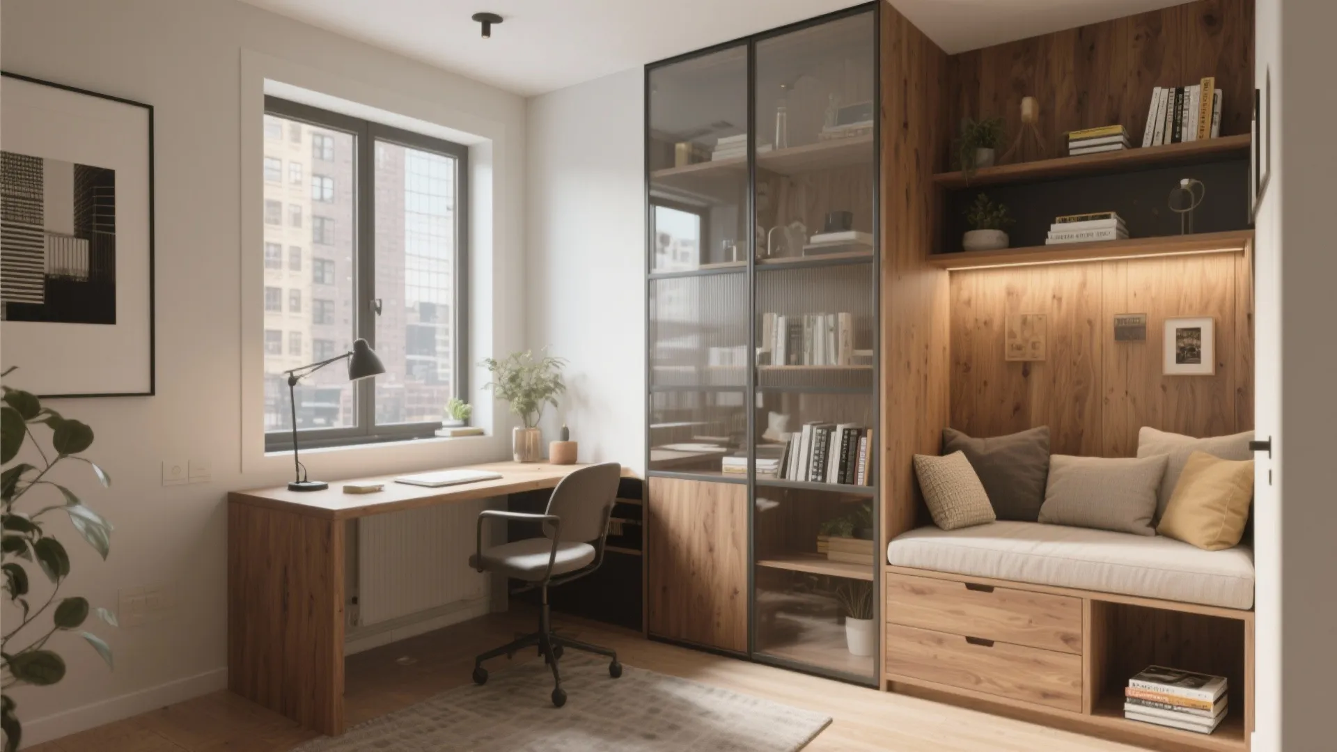 Wooden study area with a desk and chair beside a glass cabinet and built-in wall sofa