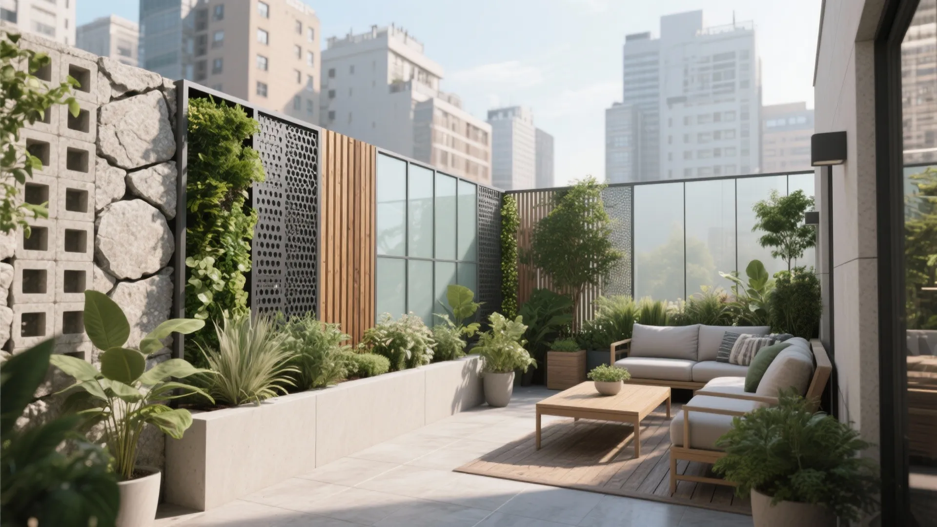 Modern rooftop terrace with stone wall, green plants, wooden panels, grey sofa and coffee table
