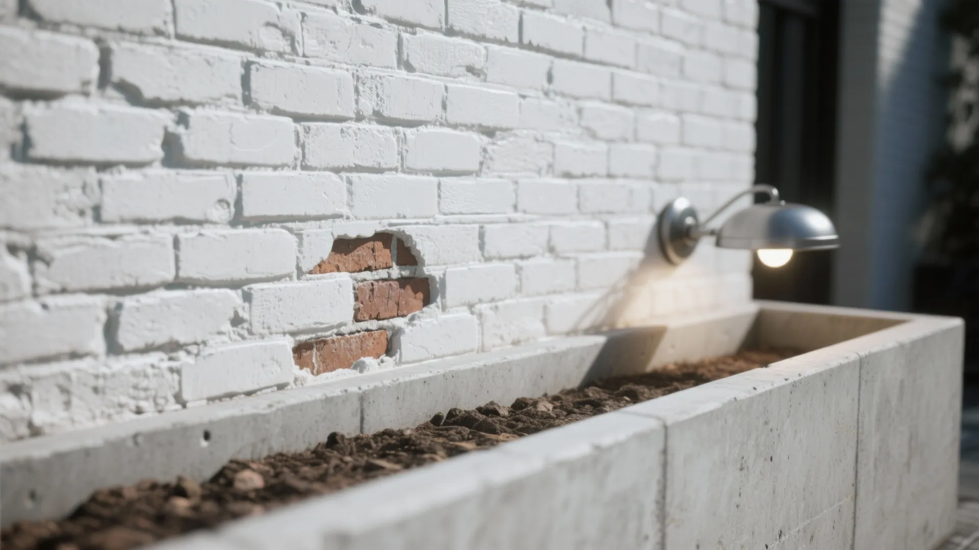 White brick wall with exposed red bricks and wall light above a long concrete planter