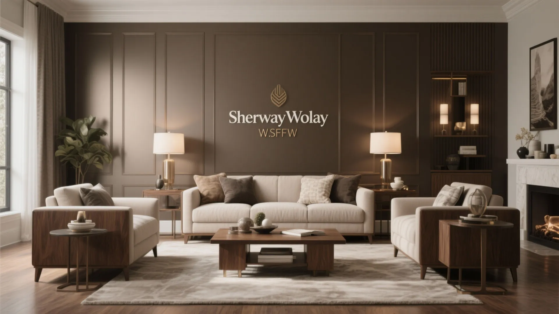 Elegant living room with brown wall panel cream sofa wooden coffee table and table lamps