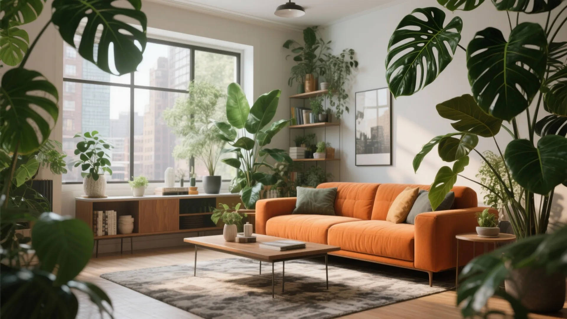Modern living room with orange sofa, many large green plants, window view, and wooden furniture
